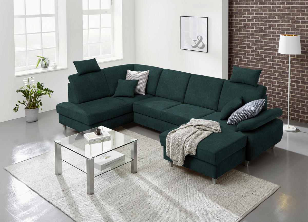 WOHNLANDSCHAFT in Struktur Dunkelgrün  - Dunkelgrün/Silberfarben, KONVENTIONELL, Holz/Textil (186/322/167cm) - Cantus