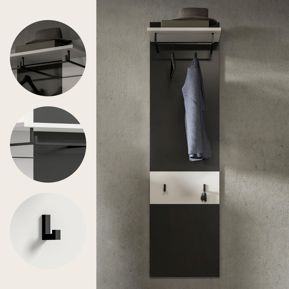 GARDEROBENPANEEL  in 45/165/29 cm  - Weiß/Grau, Design, Holzwerkstoff (45/165/29cm) - Livetastic