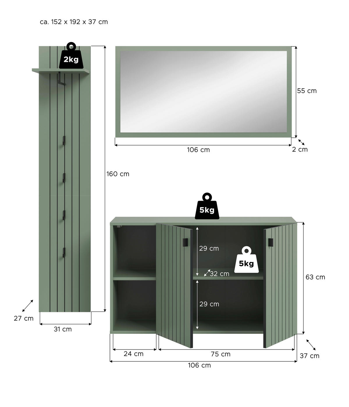 GARDEROBE 3-teilig  in 152/192/37 cm  - Graugrün, Design, Holzwerkstoff (152/192/37cm) - MID.YOU