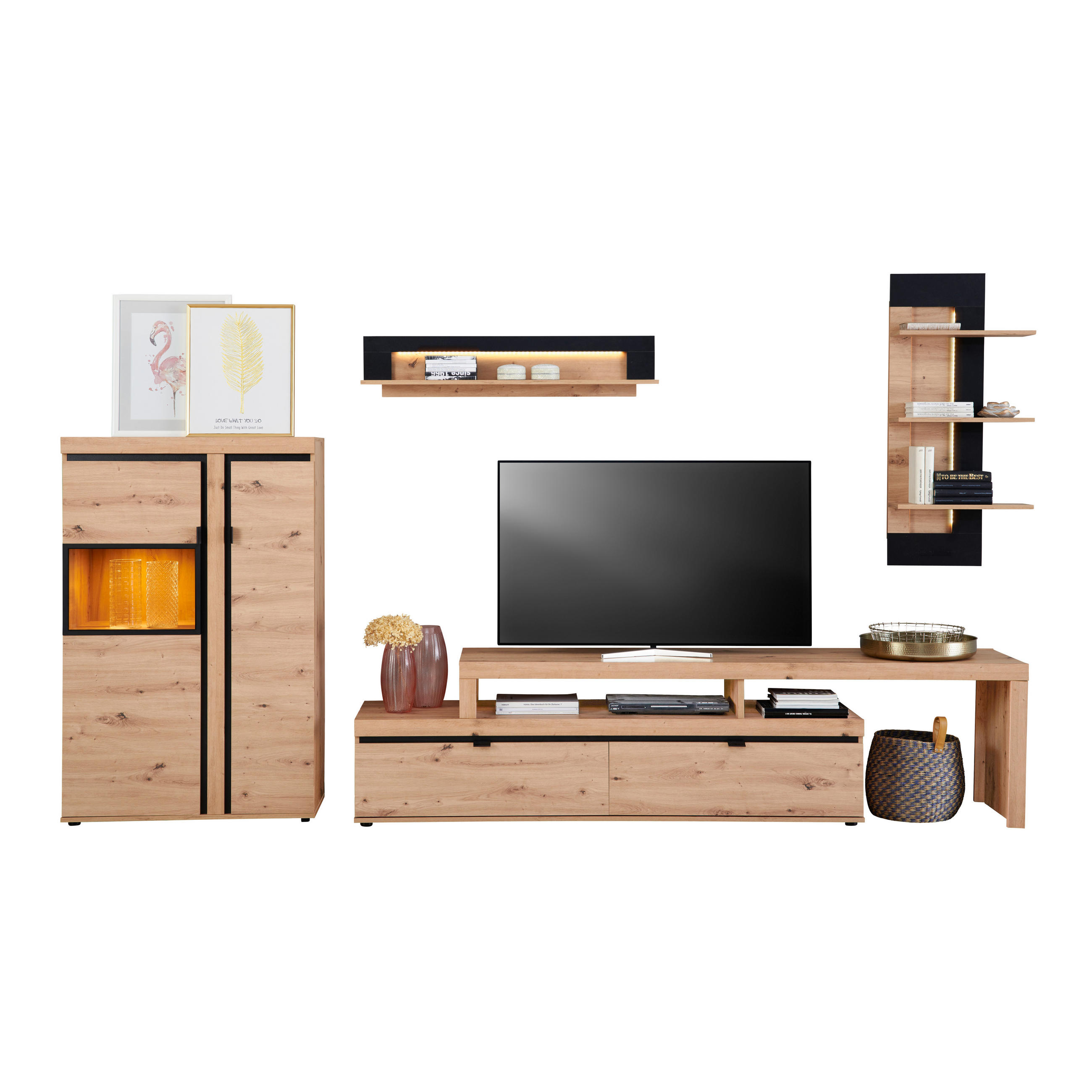 Wohnkombination 4-Tlg. mit Led Nyon, Eiche Dekor/Schwarz