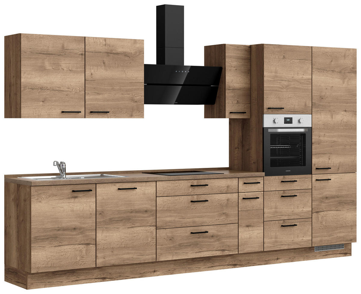 BUCĂTĂRIE FĂRĂ ELECTROCASNICE  - stejar închis la culoare/negru, Modern, metal/material pe bază de lemn (360cm) - Nobilia