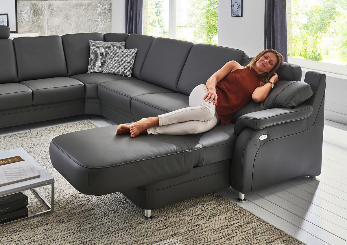 WOHNLANDSCHAFT in Echtleder Anthrazit  - Anthrazit/Alufarben, Konventionell, Leder/Metall (239/329/165cm) - Beldomo Premium