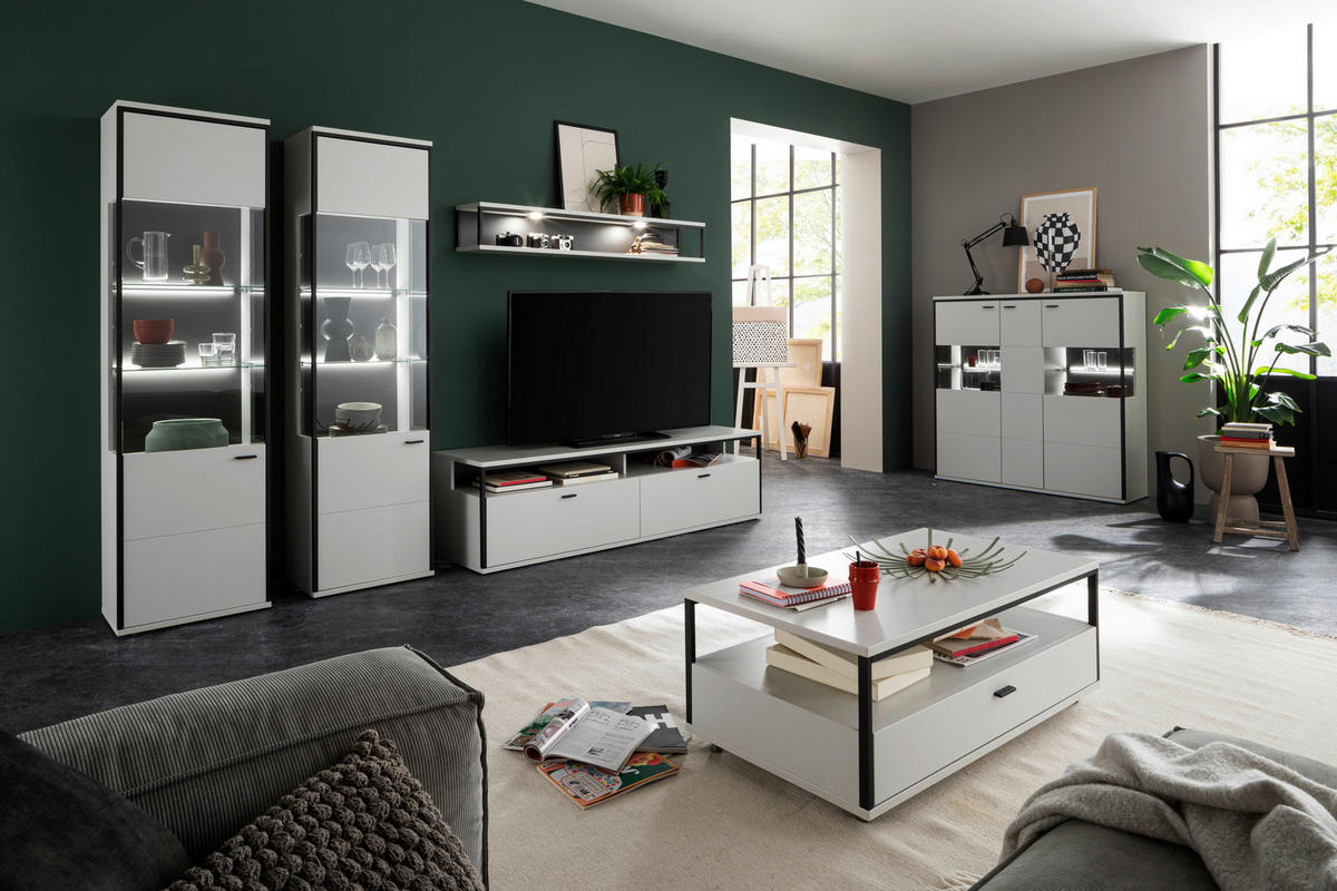 WOHNWAND  in Schwarz, Weiß  312/199/51 cm  - Schwarz/Weiß, Design, Glas/Holzwerkstoff (312/199/51cm) - Stylife