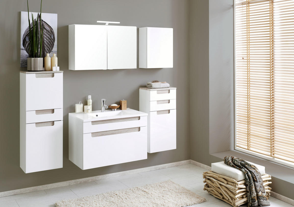 Waschtischkombination in 80 cm  - Weiss/Sonoma Eiche, Modern, Holzwerkstoff/Stein (80cm) - Held