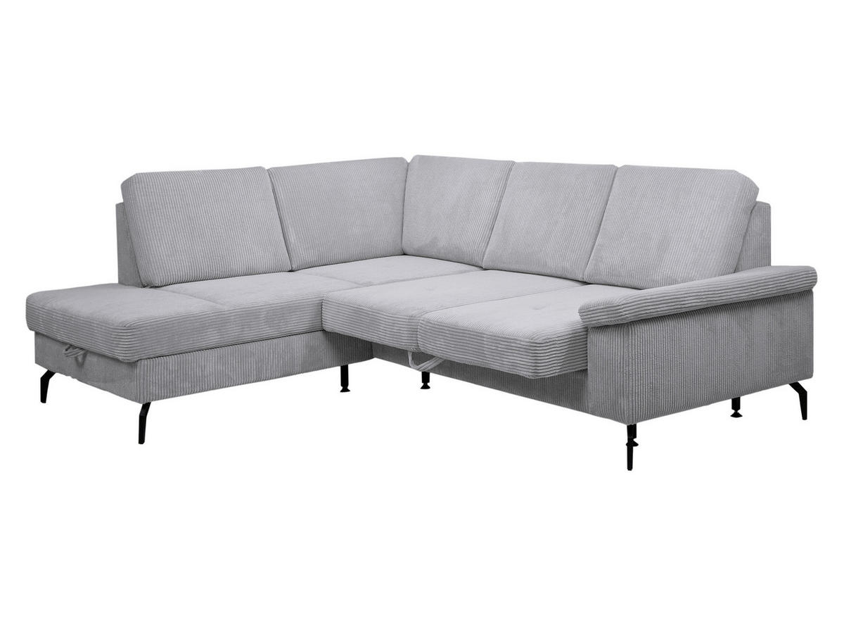 ECKSOFA Hellgrau Velours Bettkasten, Sitzvorzug  - Hellgrau/Schwarz, KONVENTIONELL, Textil/Metall (206/253cm) - Venda