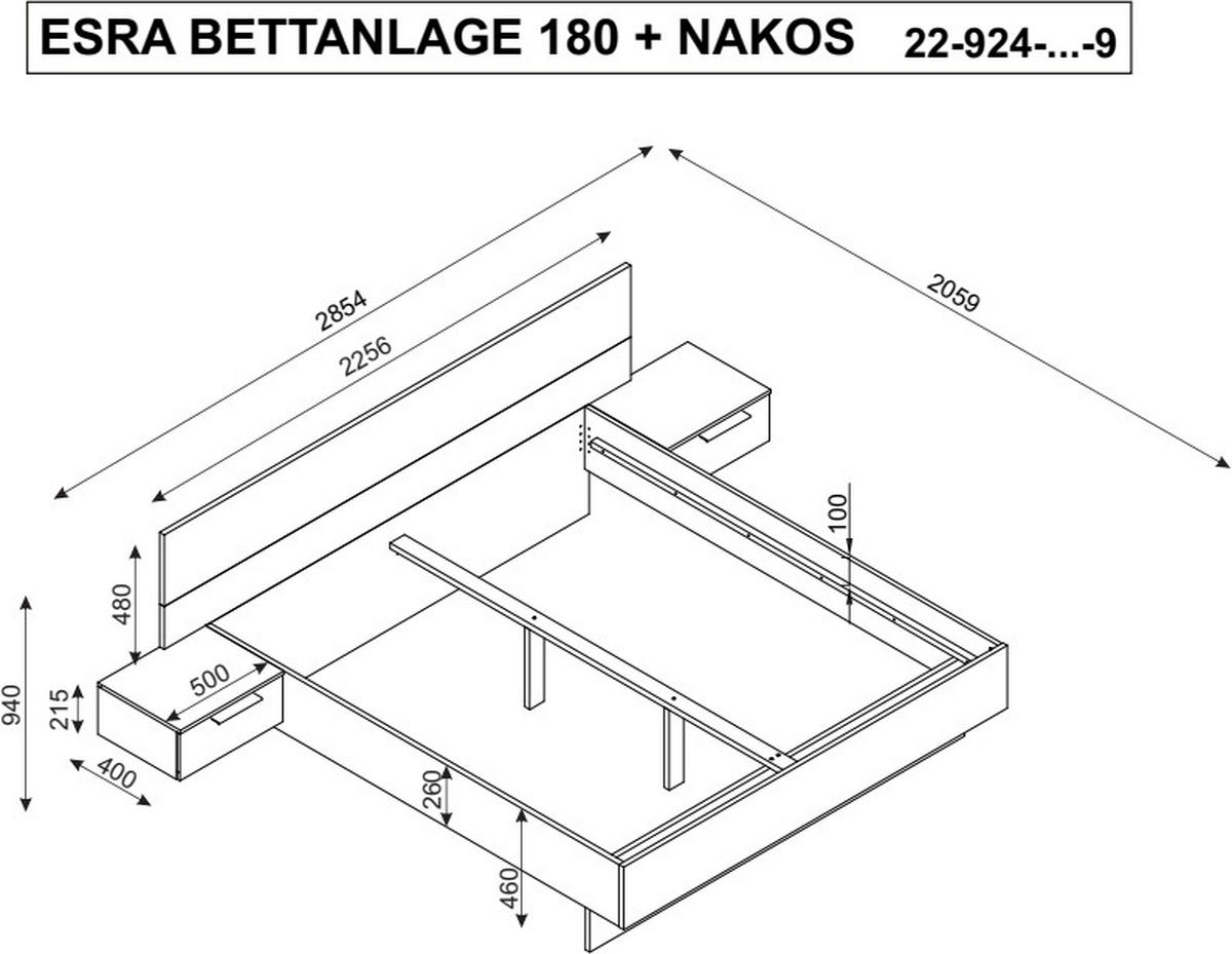 BETTANLAGE - Eichefarben/Graphitfarben, KONVENTIONELL (180/200cm) - Boxxx