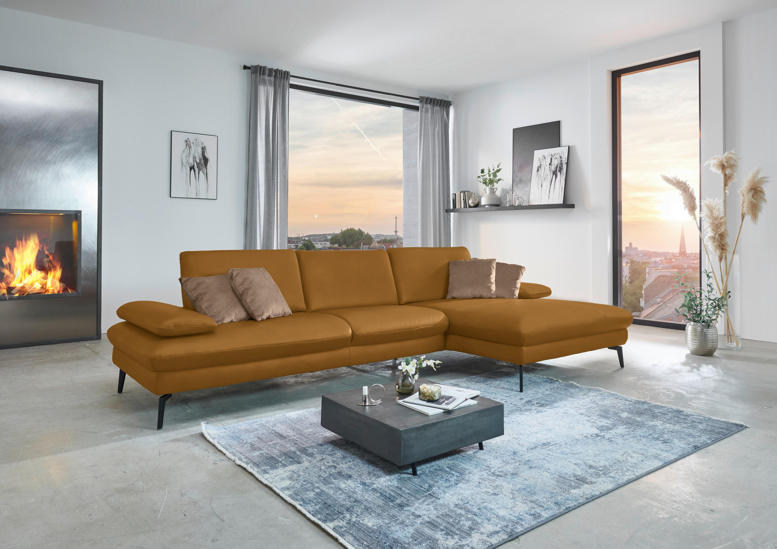 ECKSOFA in Echtleder Currygelb  325/157 cm  - Currygelb/Schwarz, Design, Leder/Metall (325/157cm) - Dieter Knoll