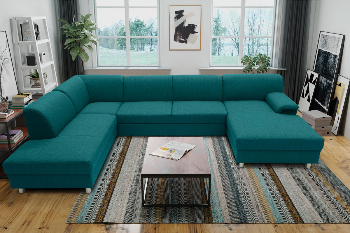 WOHNLANDSCHAFT Petrol Webstoff  - Chromfarben/Petrol, KONVENTIONELL, Textil/Metall (195/308/150cm) - MID.YOU