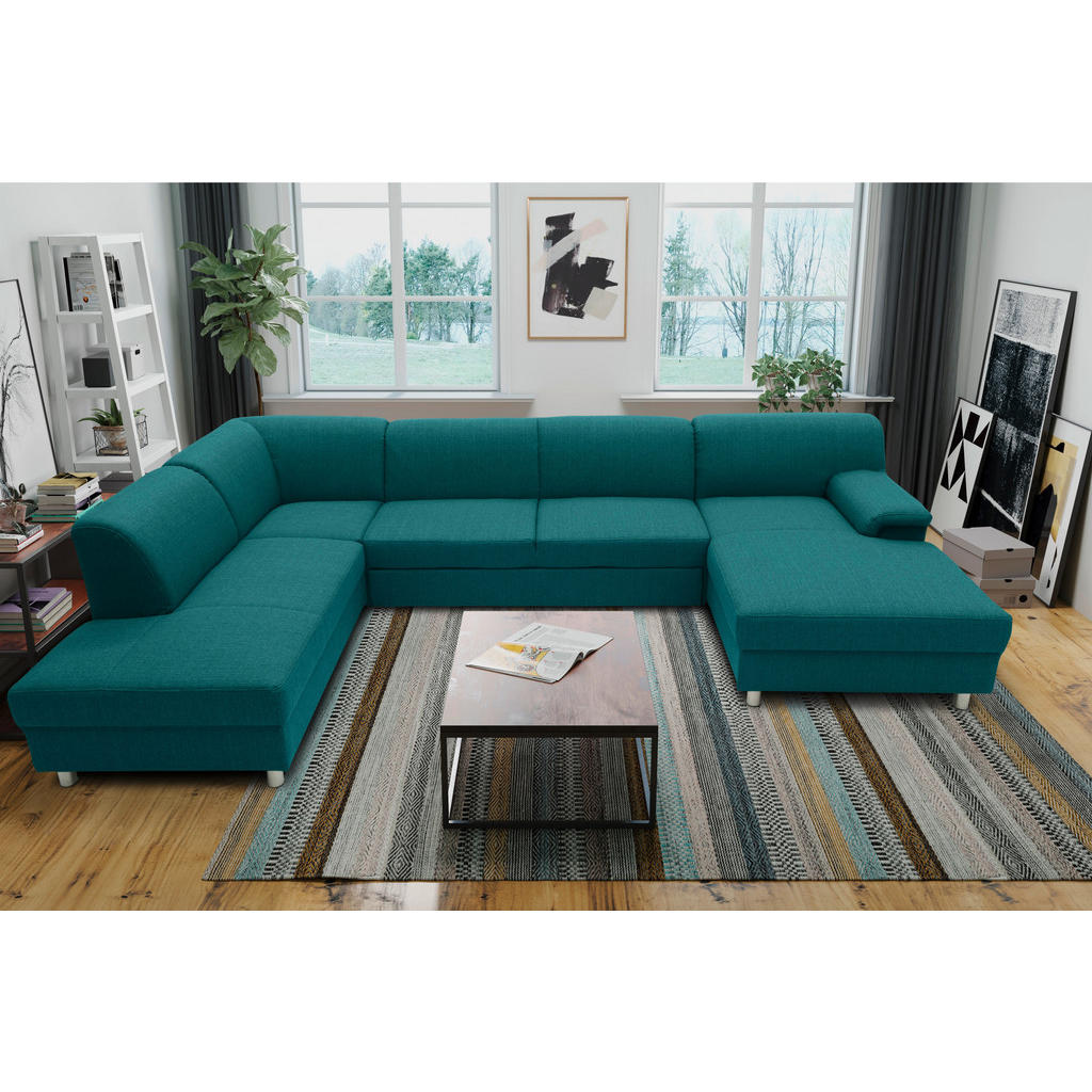 Thumbnail - Mid.you Wohnlandschaft, Petrol, Textil, Uni, 5-Sitzer, Ottomane links, U-Form, 308x195 cm, Made in EU, Schlafen auf Sitz...