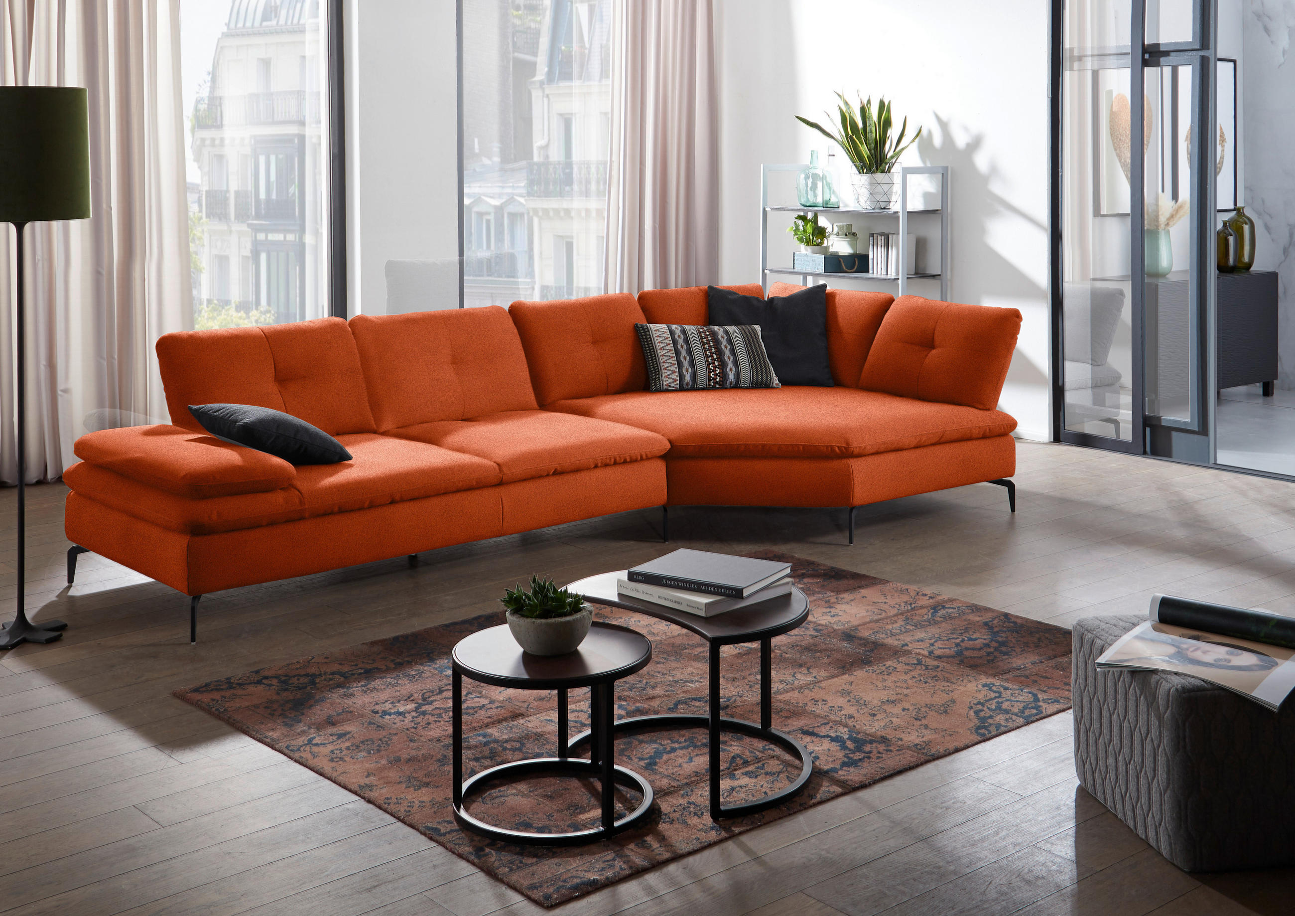 ECKSOFA in Flachgewebe Terracotta  - Terracotta/Schwarz, Design, Textil/Metall (344/157cm) - Chilliano