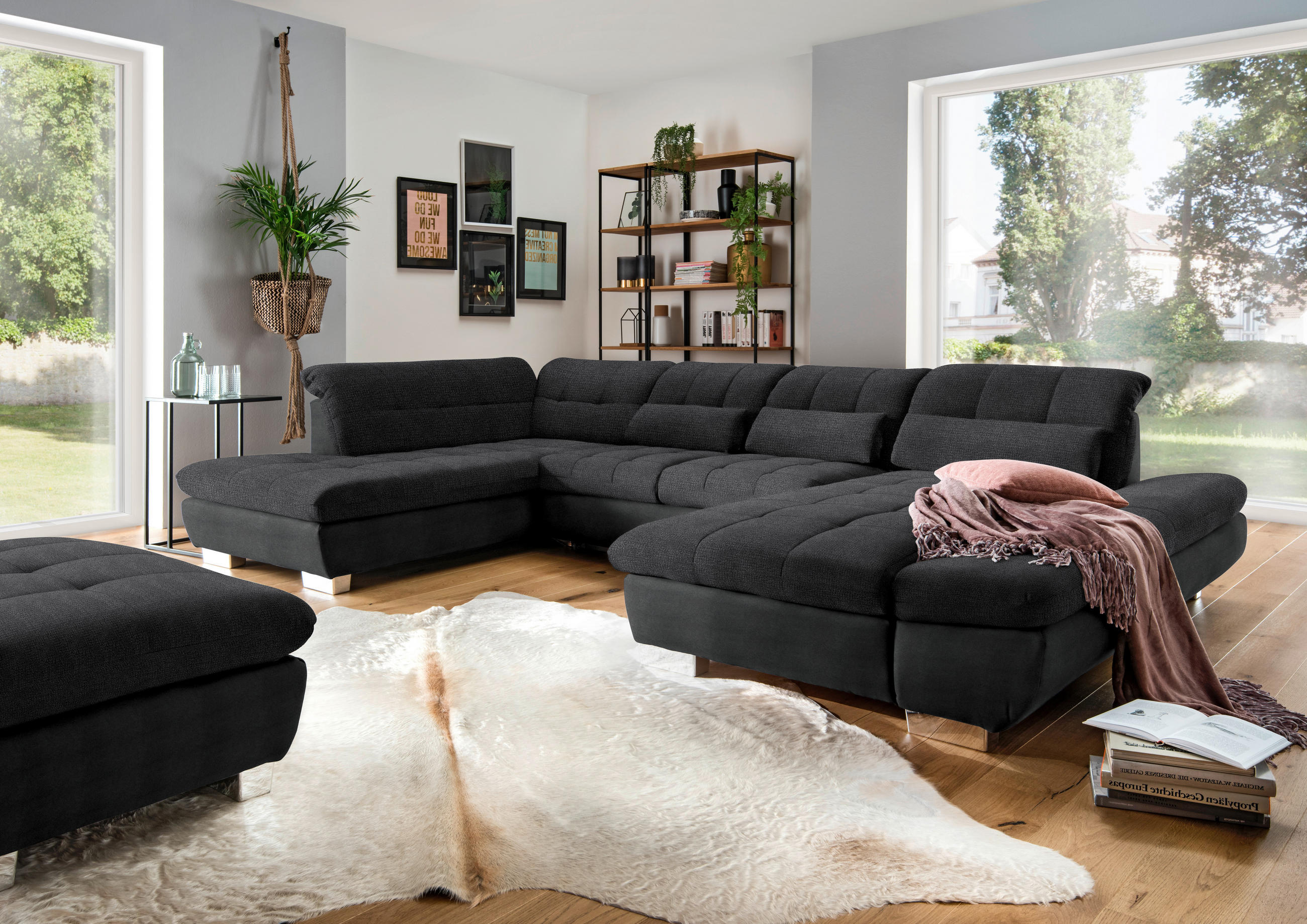 WOHNLANDSCHAFT in Mikrofaser Graphitfarben  - Chromfarben/Graphitfarben, Design, Kunststoff/Textil (211/350/204cm) - Xora