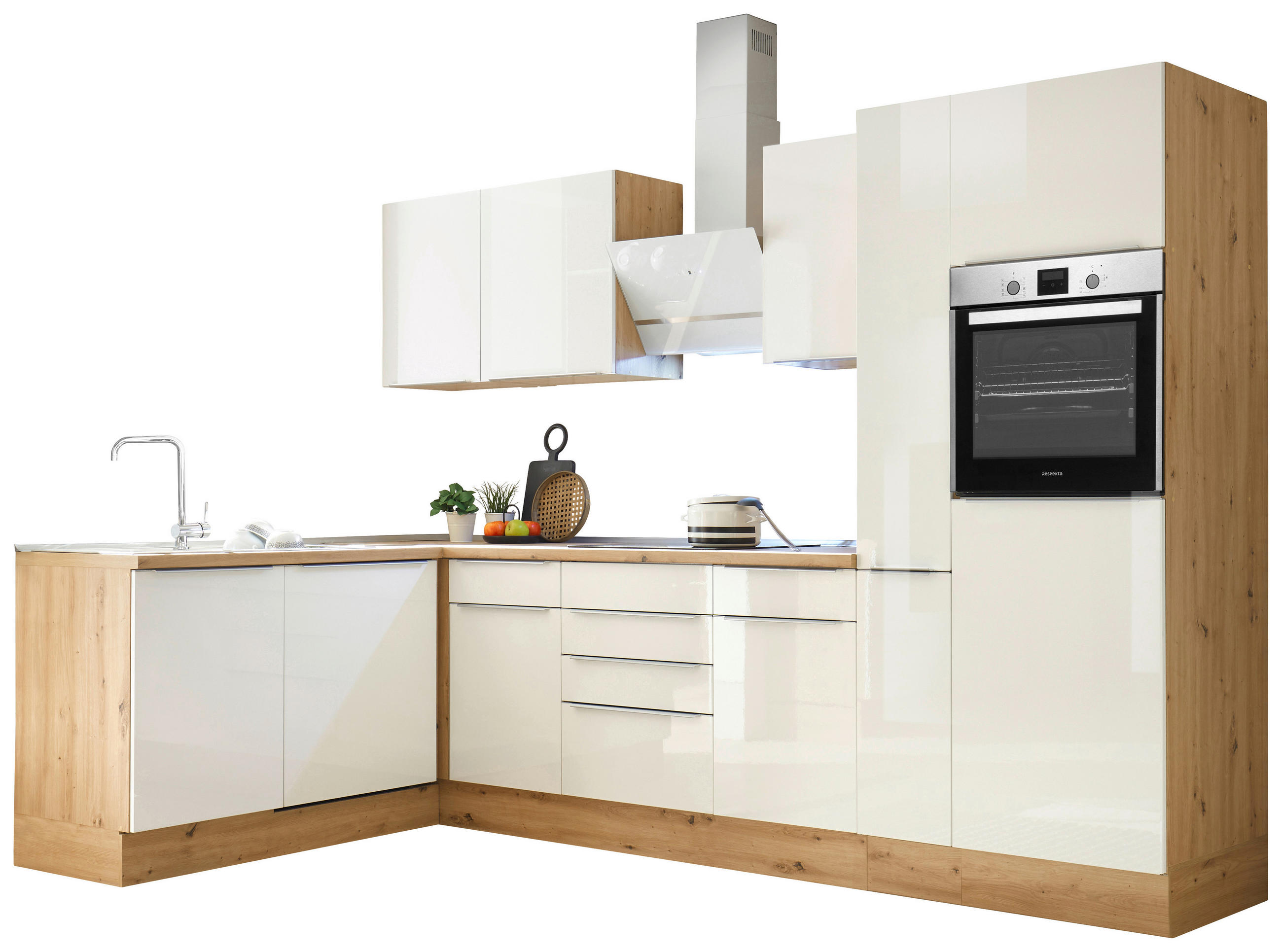 HÖRNKÖK 310/170 cm i ek Artisan, vit högglans - aluminiumfärg/vit högglans, Lifestyle, trämaterial/plast (310/170cm) - Respekta