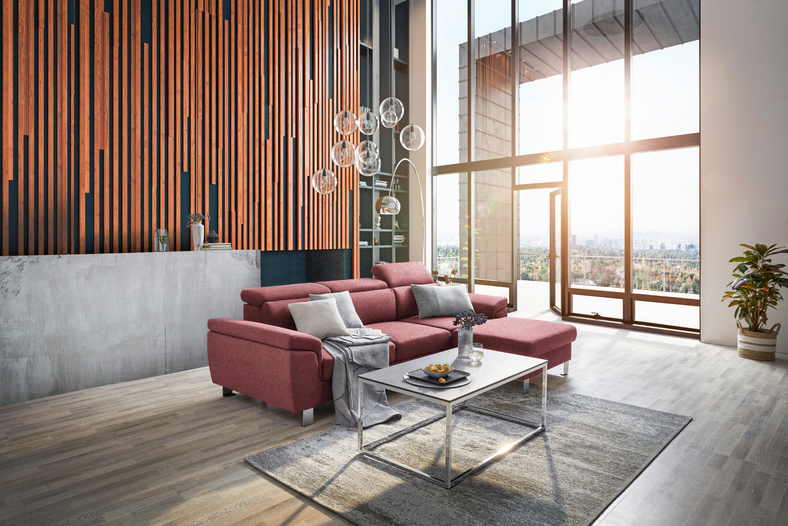 ECKSOFA inkl. Funktionen Hellrot Webstoff  - Hellrot/Silberfarben, Design, Textil/Metall (250/167cm) - Xora