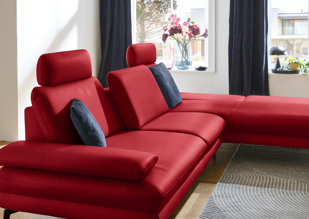 ECKSOFA in Echtleder Rot  - Rot/Schwarz, Design, Leder/Metall (308/195cm) - Dieter Knoll