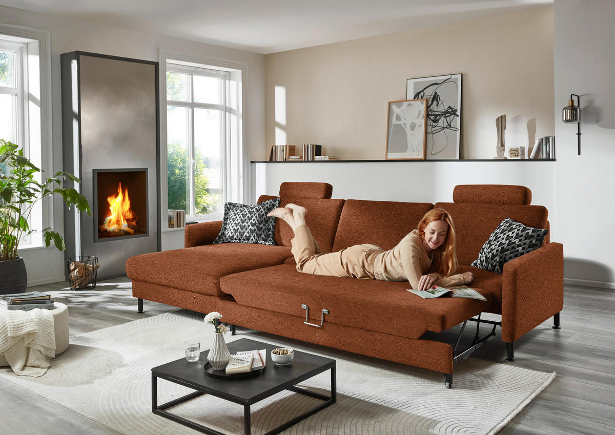 ECKSOFA Chenille, Flachgewebe Rostfarben  - Rostfarben/Schwarz, Design, Textil/Metall (175/316cm) - Dieter Knoll