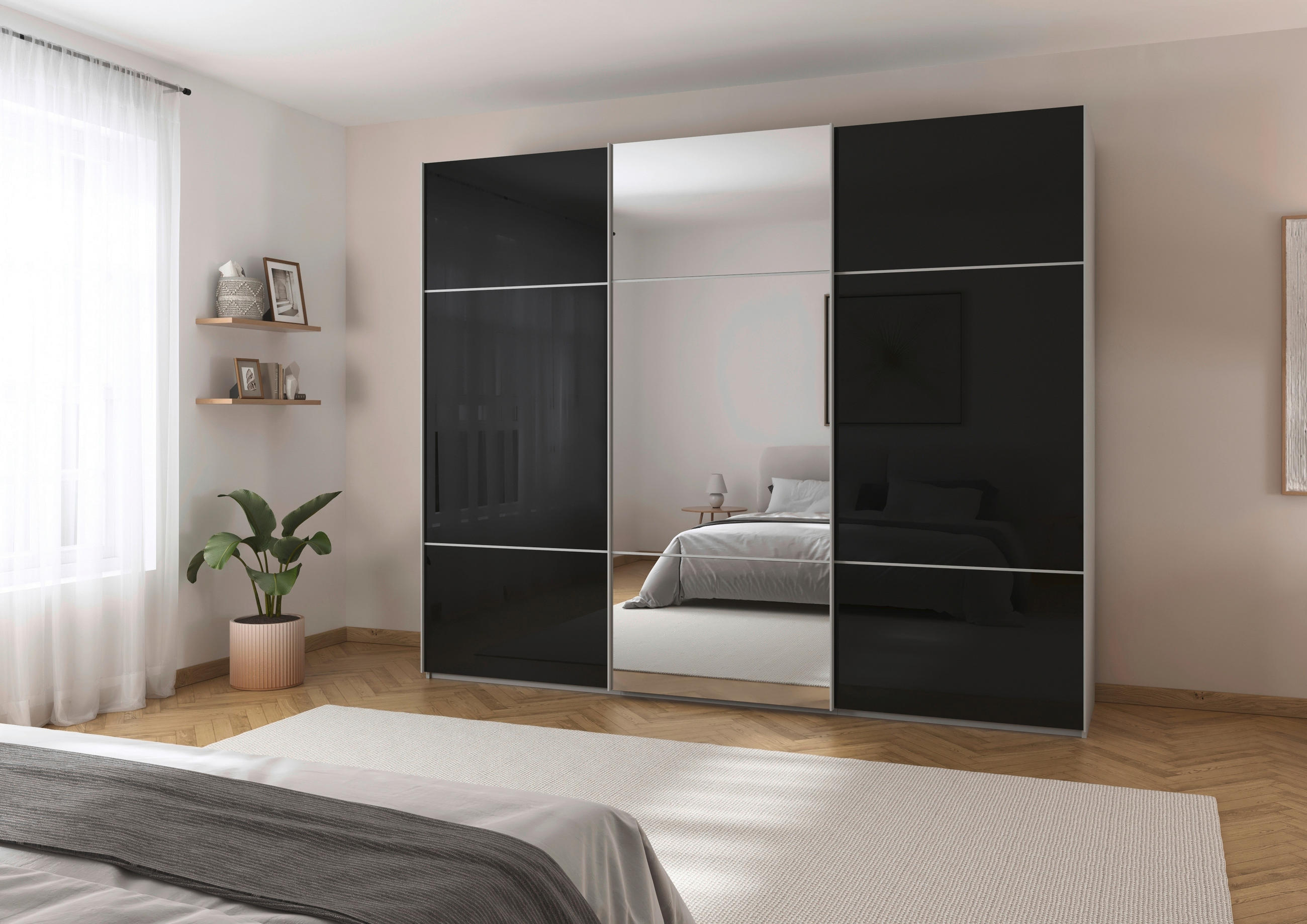 SCHWEBETÜRENSCHRANK 301/223/68 cm 3-türig Grau, Schwarz  - Schwarz/Grau, KONVENTIONELL, Glas/Holzwerkstoff (301/223/68cm) - Novel