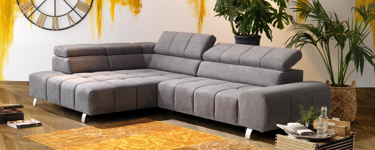 ECKSOFA Dunkelgrau Webstoff  - Dunkelgrau/Silberfarben, Design, Textil/Metall (201/295cm) - Hom`in