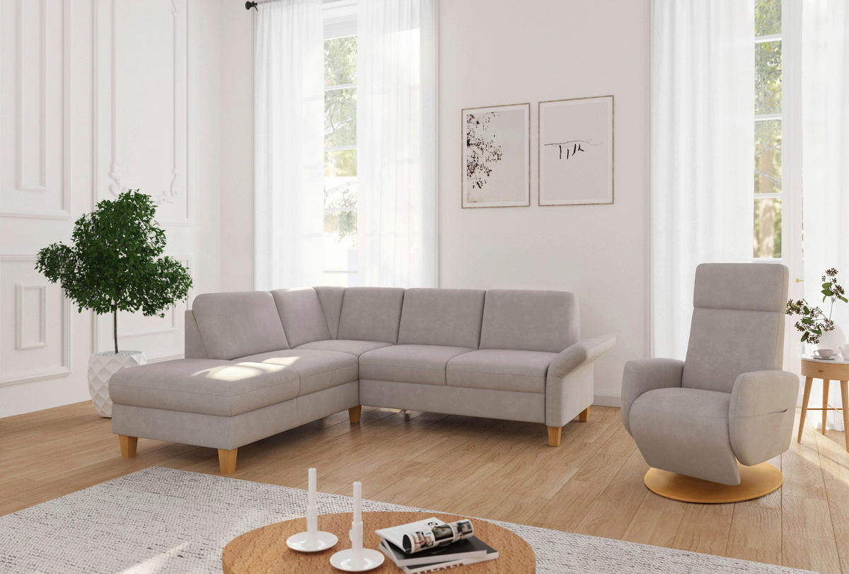 ECKSOFA ROCHELLE E Greige Flachgewebe  - Greige/Eichefarben, KONVENTIONELL, Holz/Textil (216/240cm) - Sit & More