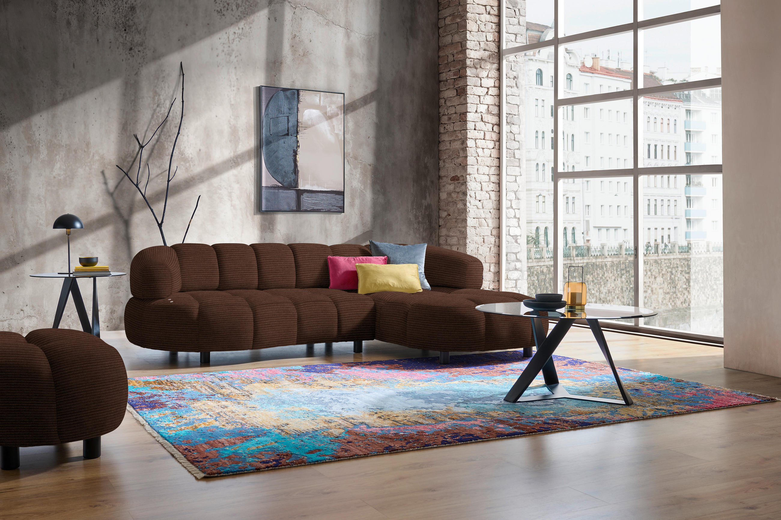 ECKSOFA in Cord, Velours Dunkelbraun  284/183 cm  - Dunkelbraun/Schwarz, Design, Holz/Textil (284/183cm) - Welnova