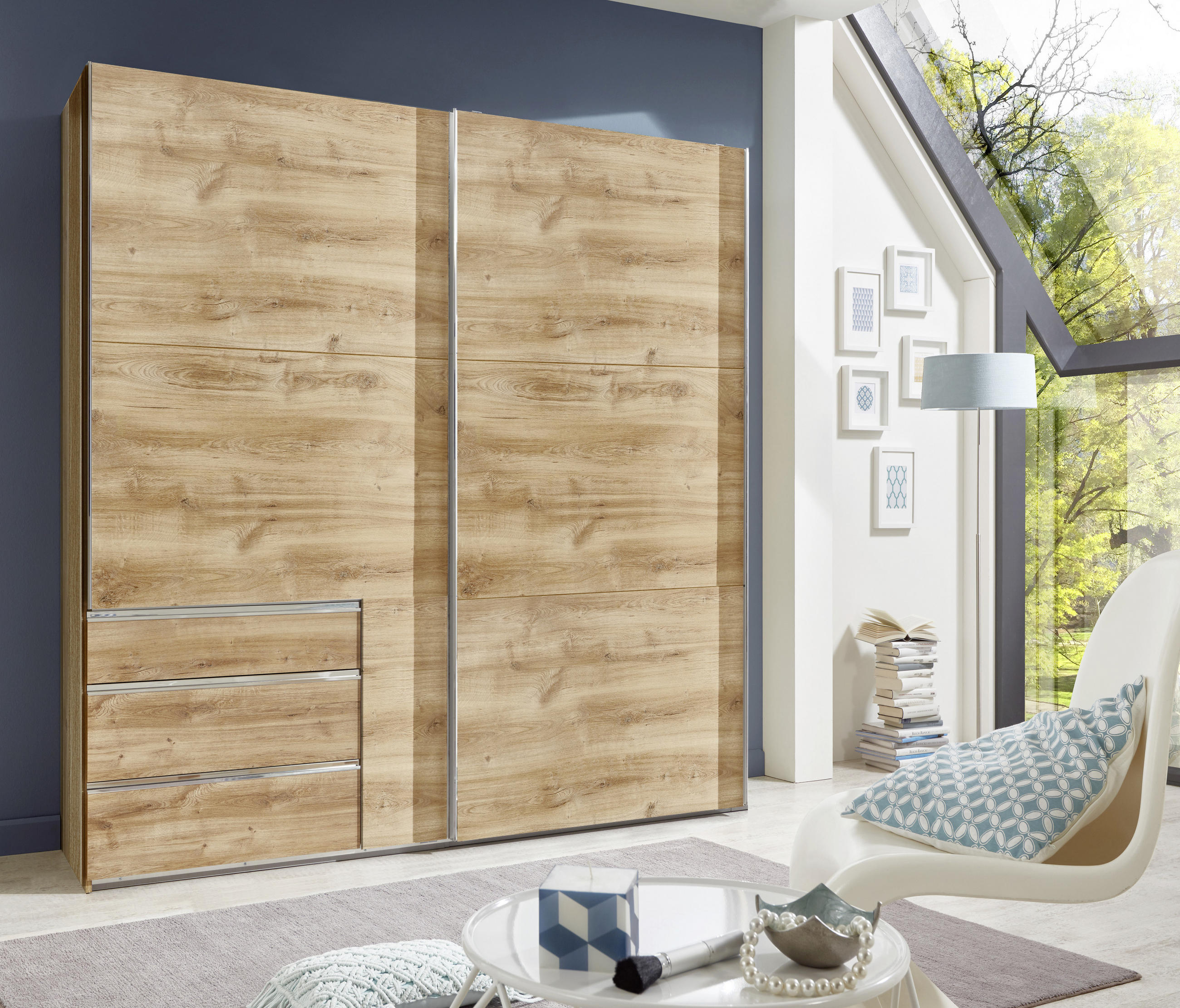 SCHWEBETÜRENSCHRANK in Eichefarben  - Chromfarben/Eichefarben, Modern, Holzwerkstoff/Metall (250/216/65cm) - MID.YOU