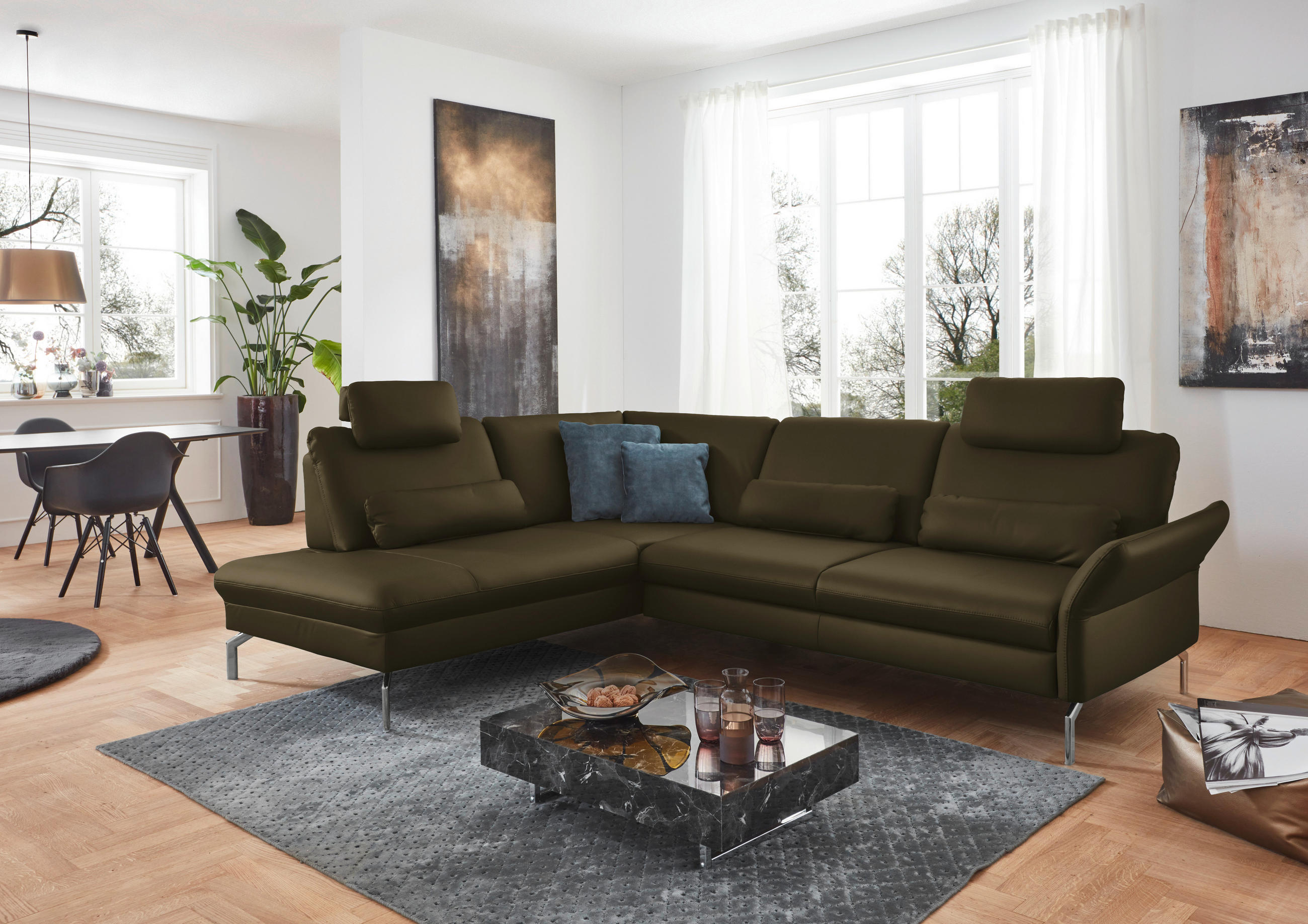 ECKSOFA in Echtleder Dunkelgrün  - Dunkelgrün/Alufarben, Konventionell, Leder/Metall (220/284cm) - Beldomo Premium