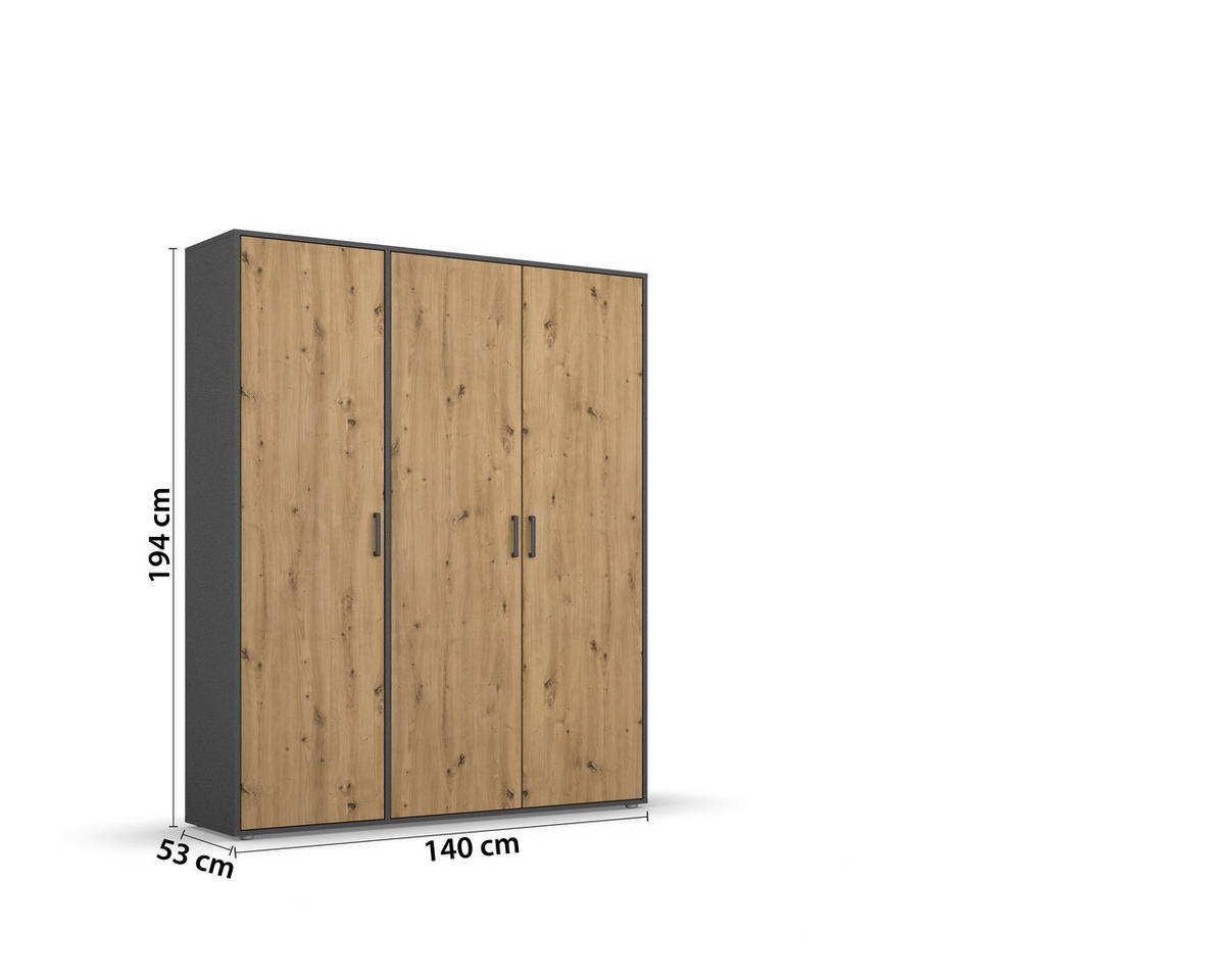 DREHTÜRENSCHRANK in Grau, Eiche Artisan  - Eiche Artisan/Grau, Modern, Holzwerkstoff/Kunststoff (140/194/53cm) - Rauch Möbel