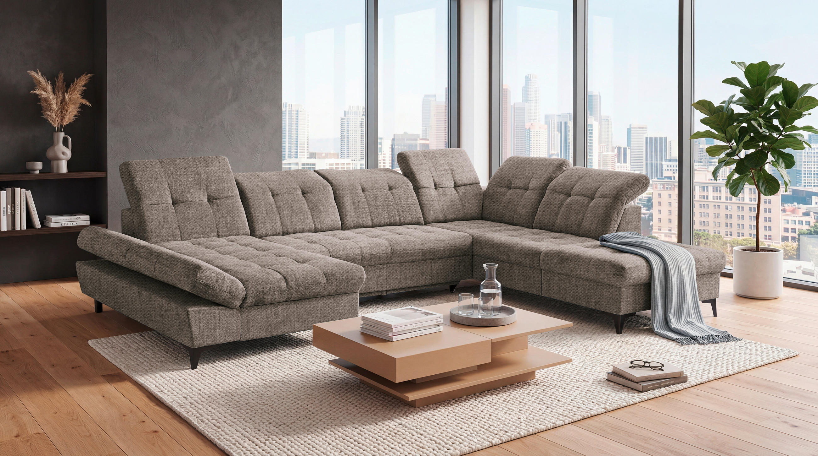 WOHNLANDSCHAFT MERCY Braun Mikrovelours  - Schwarz/Braun, MODERN, Kunststoff/Textil (169/348/245cm) - MID.YOU