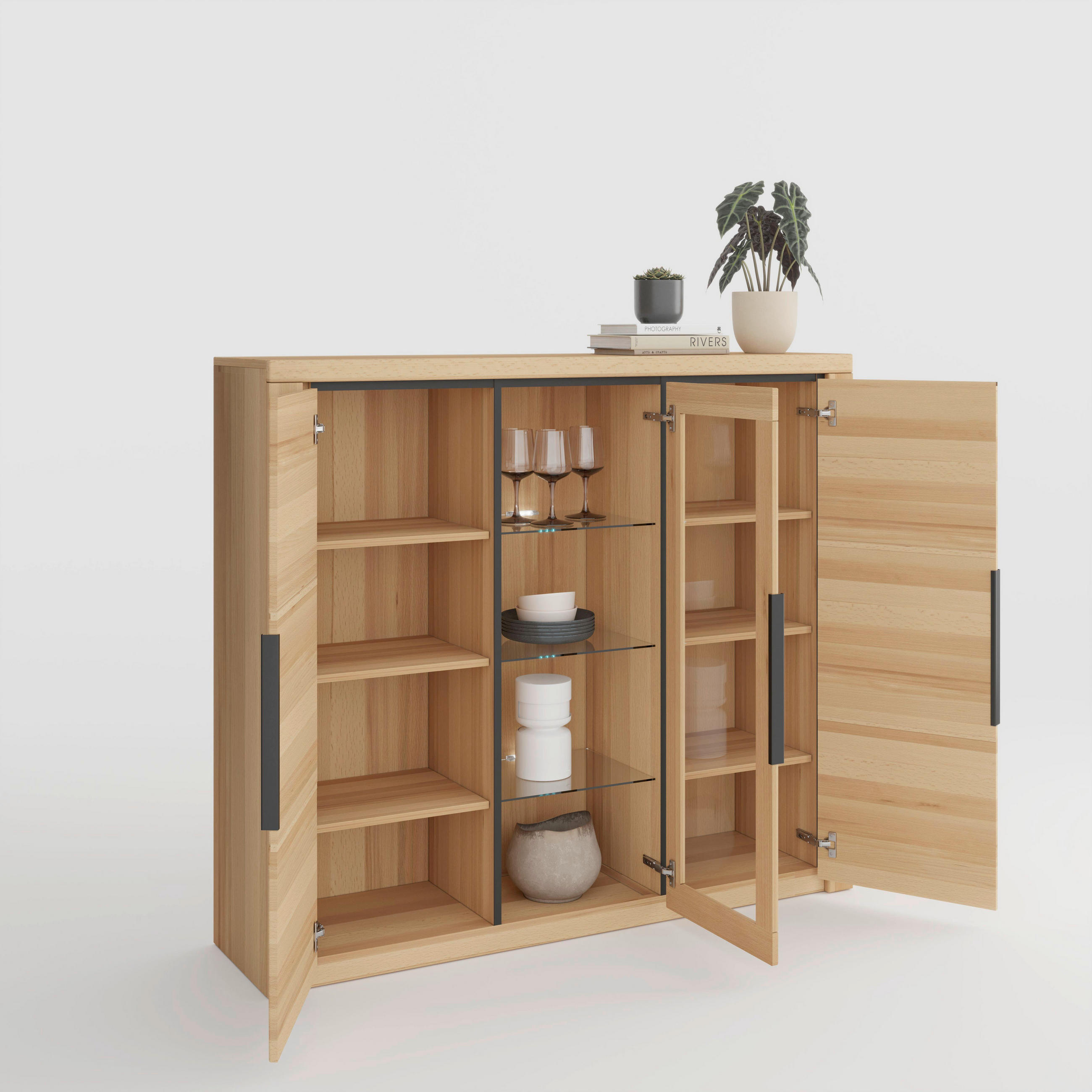 HIGHBOARD Brunei  in 160/141/40 cm  - Buchefarben/Schwarz, Design, Glas/Holz (160/141/40cm) - Livetastic