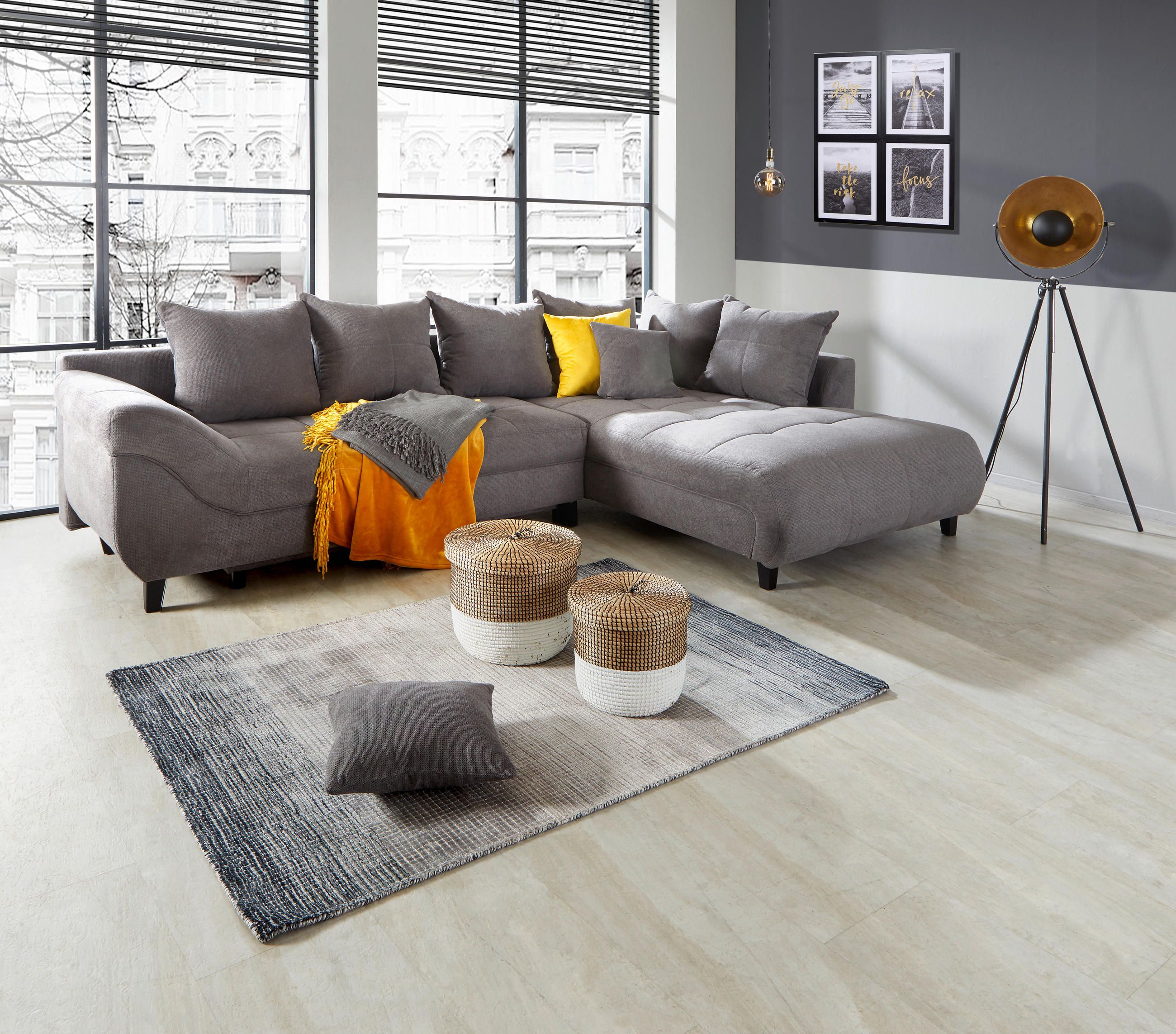 ECKSOFA in Webstoff Grau  - Schwarz/Grau, Design, Holz/Textil (309/197cm) - Livetastic