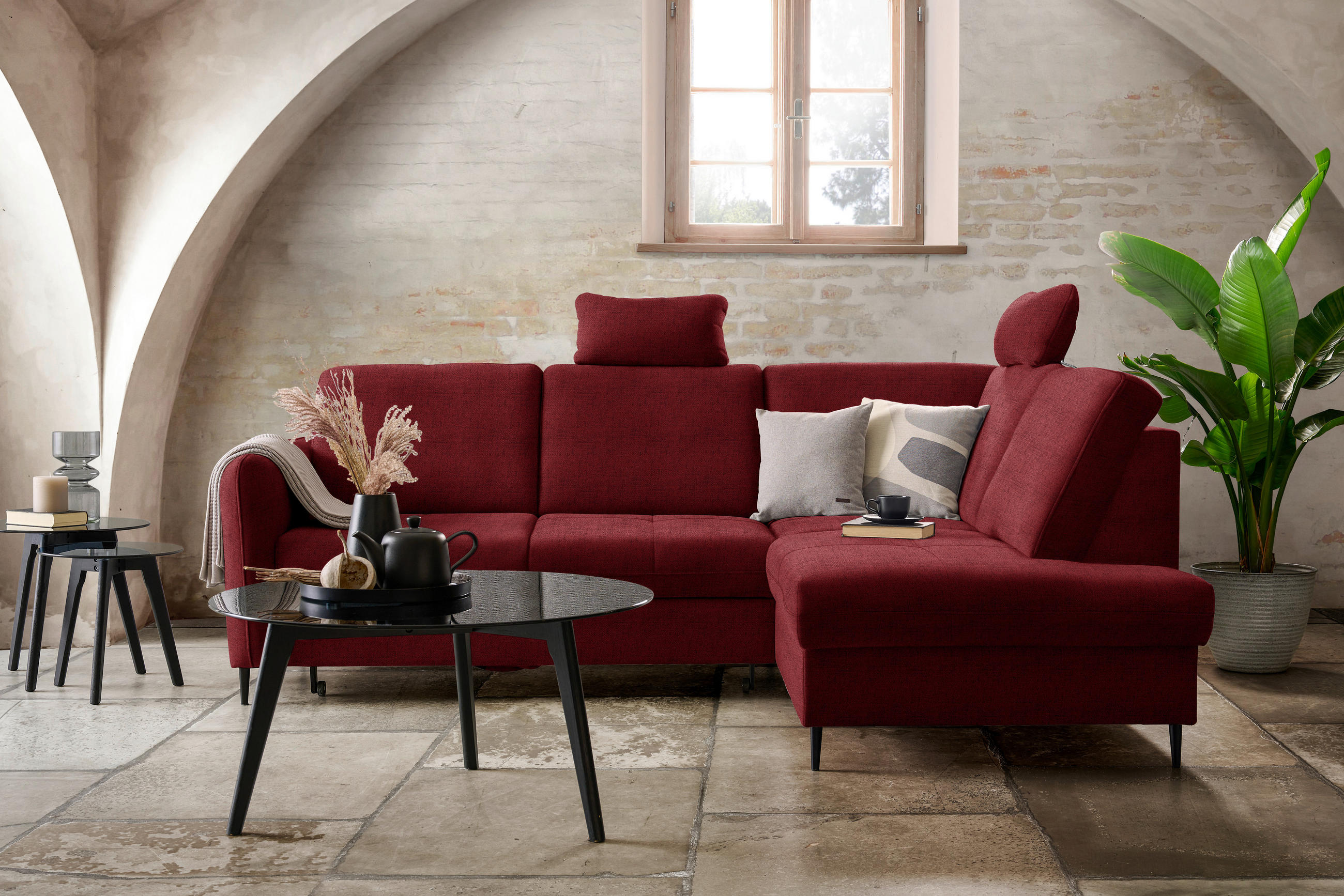 ECKSOFA in Chenille Rot  - Rot/Schwarz, Modern, Holz/Textil (241/184cm) - Carryhome