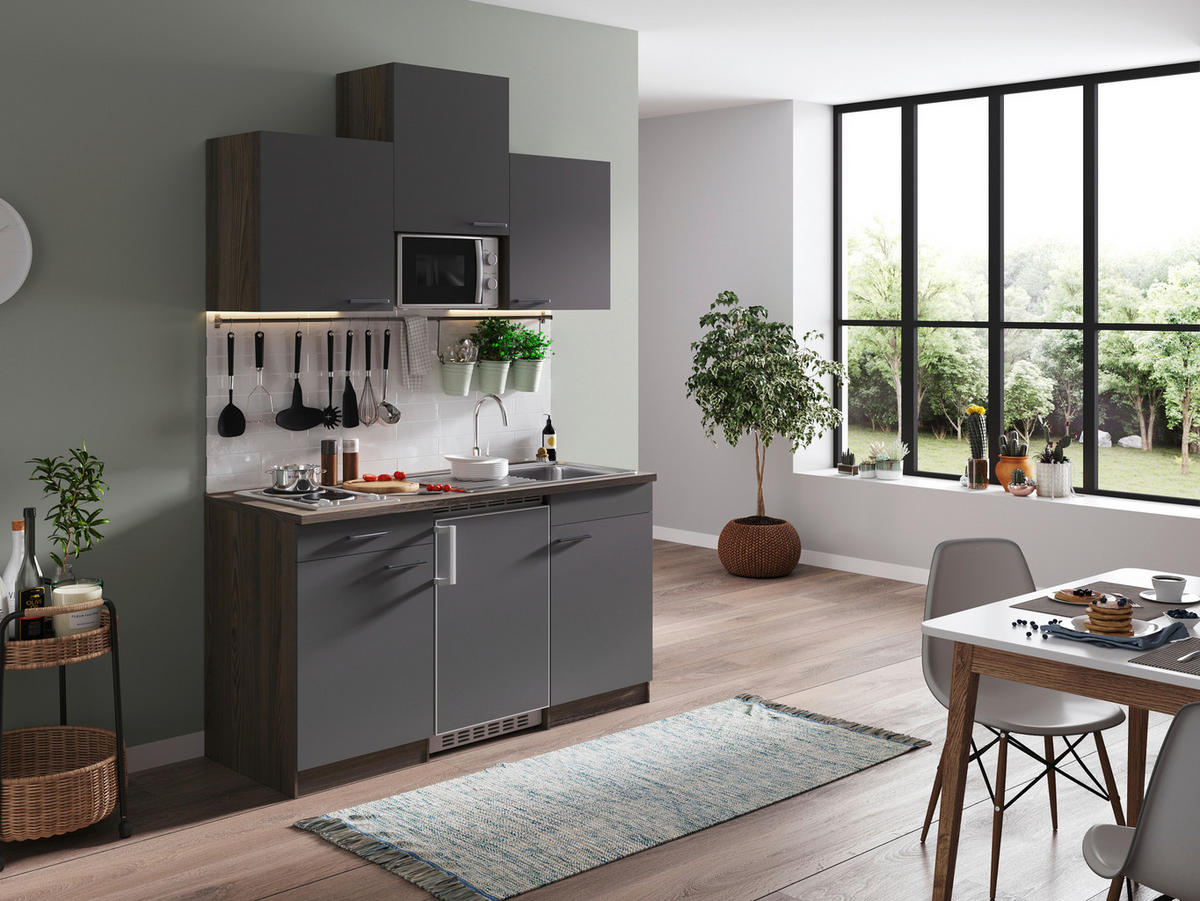 MINIKÖK 150 cm   i grå  - aluminiumfärg/grå, Basics, trämaterial/plast (150cm) - Respekta