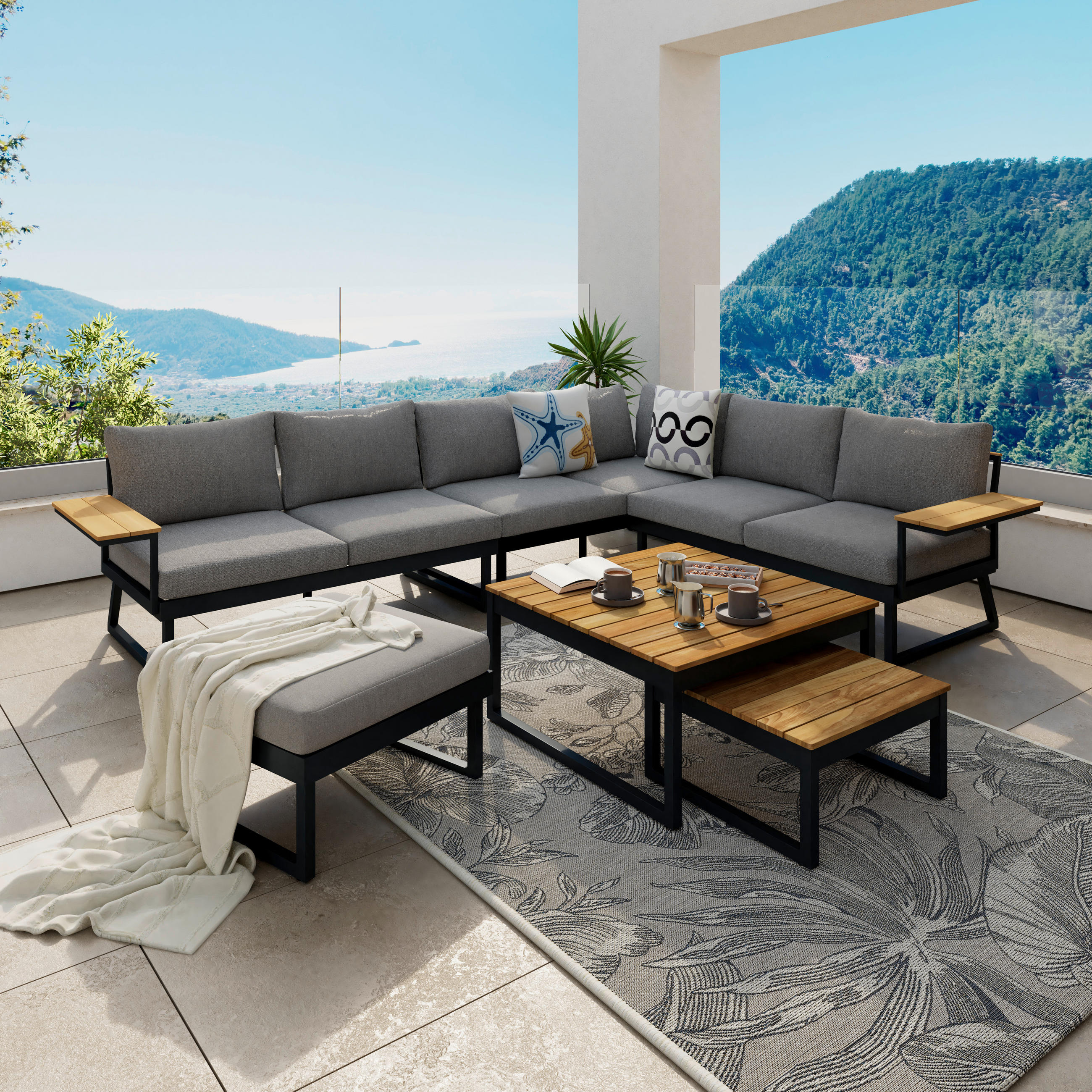 Ambia Garden Loungegarnitur Teakholz Schwarz, Dunkelgrau, Teak 289x224 cm