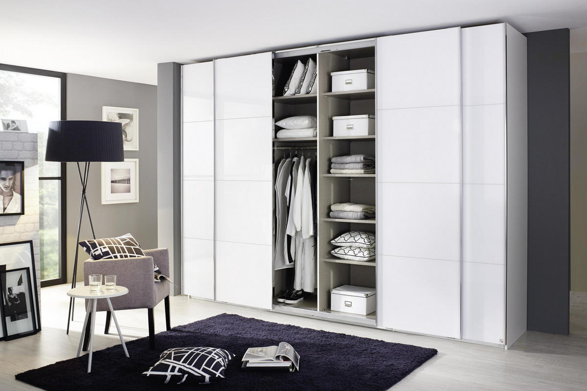 SCHWEBETÜRENSCHRANK 316/235/68 cm 4-türig Weiß  - Chromfarben/Weiß, Design, Glas/Holzwerkstoff (316/235/68cm) - Novel