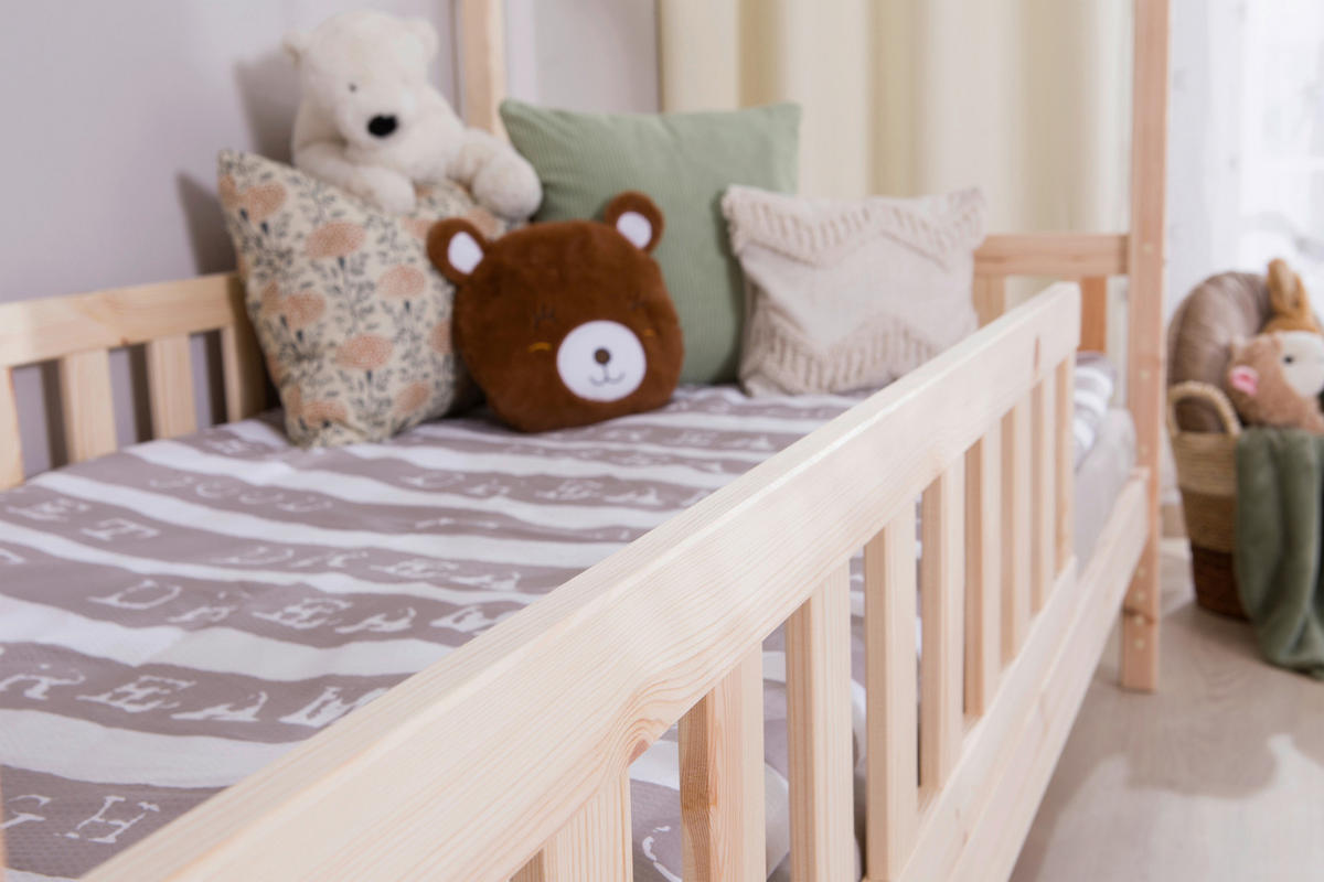 HAUSBETT Absturzsicherung, Matratze, Lattenrost, Bettschublade 140/200 cm  in Naturfarben  - Weiß/Naturfarben, MODERN, Holz/Textil (140/200cm) - MID.YOU