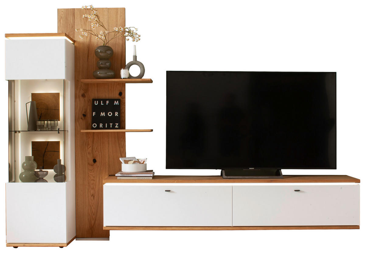 WOHNWAND  in Weiss, Eiche Bianco 303/203/50 cm  - Weiss/Eiche Bianco, Design, Glas/Holz (303/203/50cm) - Novel