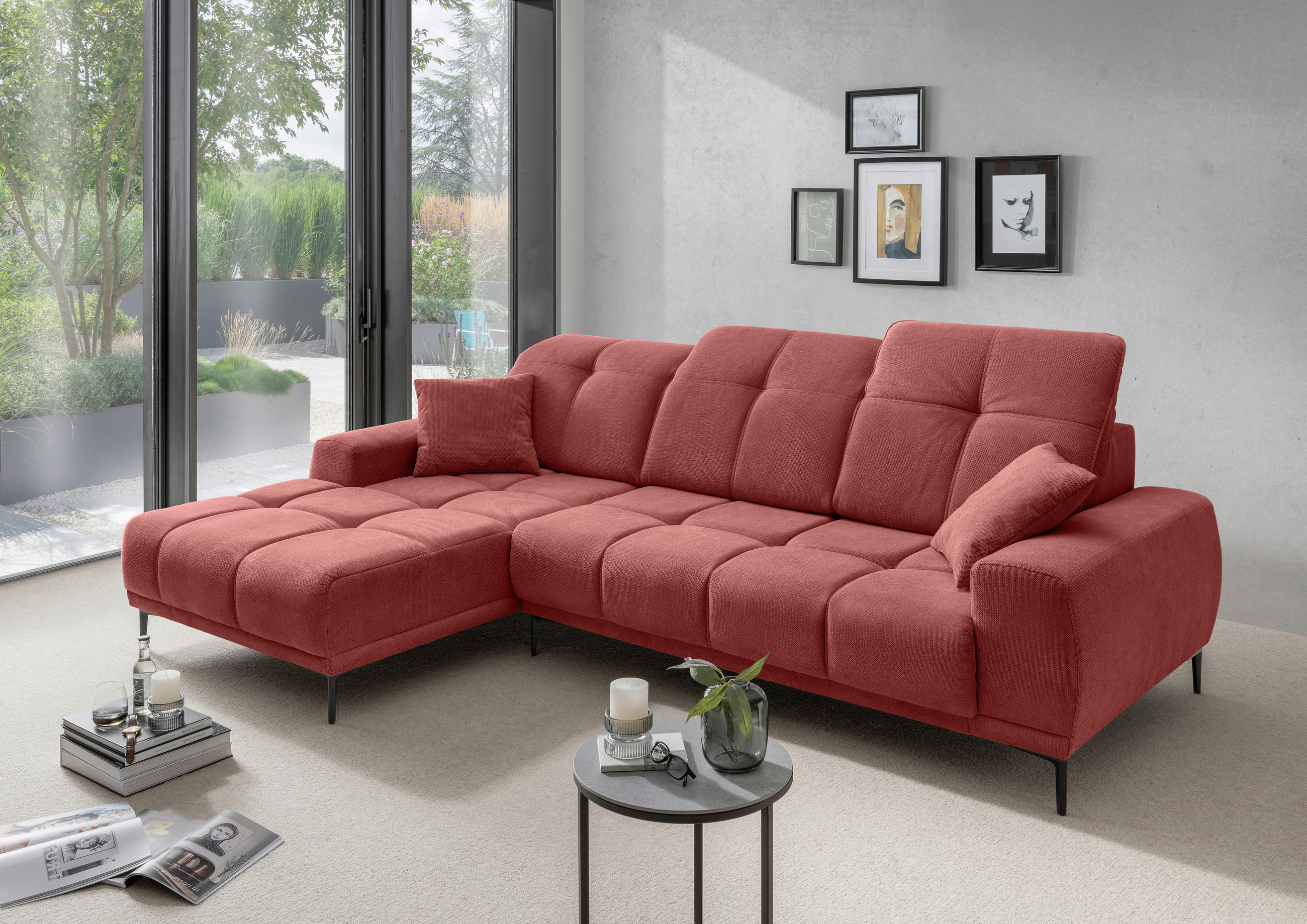 ECKSOFA NESTO Rot Chenille Zierkissen, Kopfteilverstellung, Sitztiefenverstellung  - Rot/Schwarz, Basics, Textil/Metall (187/292cm) - Livetastic