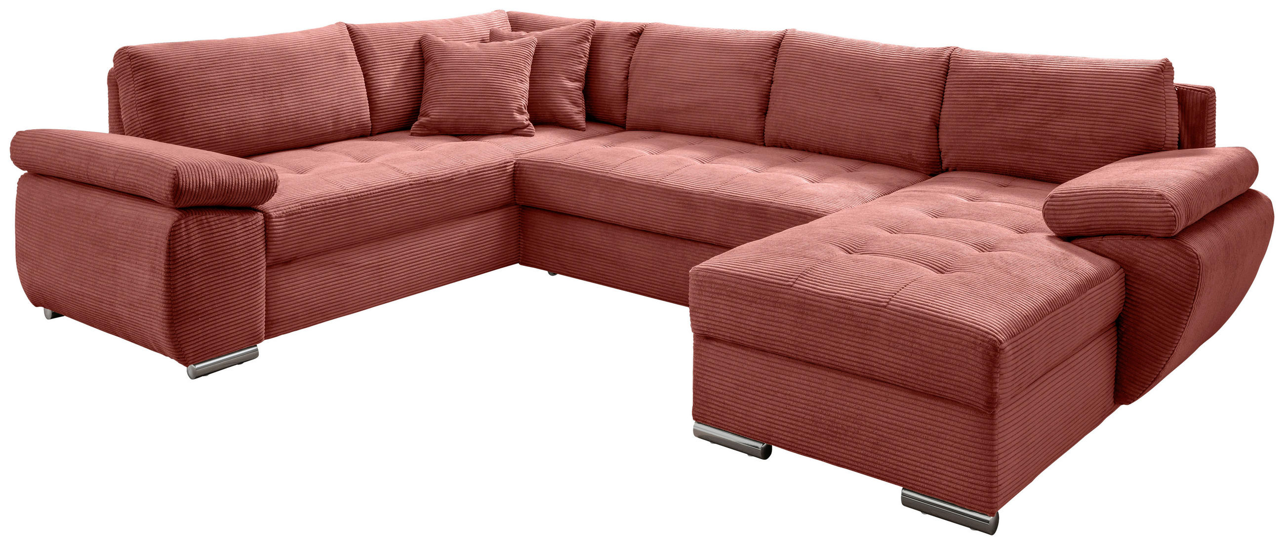 Wohnlandschaft in Cord Koralle  - Chromfarben/Koralle, Konventionell, Textil/Metall (219/305/157cm) - Livetastic