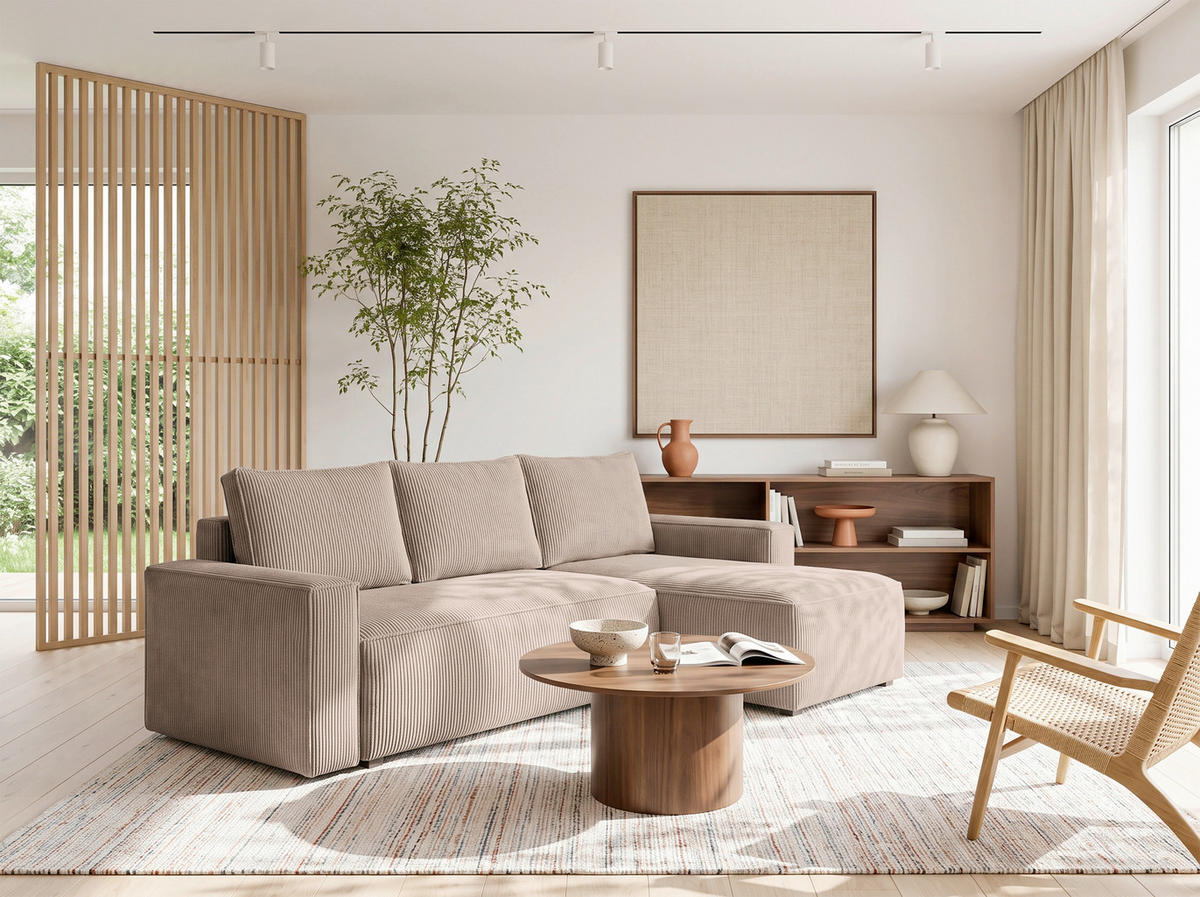 ECKSOFA Hellbraun Cord Rückenkissen, Bettkasten, Schlaffunktion, Rücken echt, Liegefläche im Originalstoff  - Hellbraun/Schwarz, MODERN, Kunststoff/Textil (232/140cm) - Xora