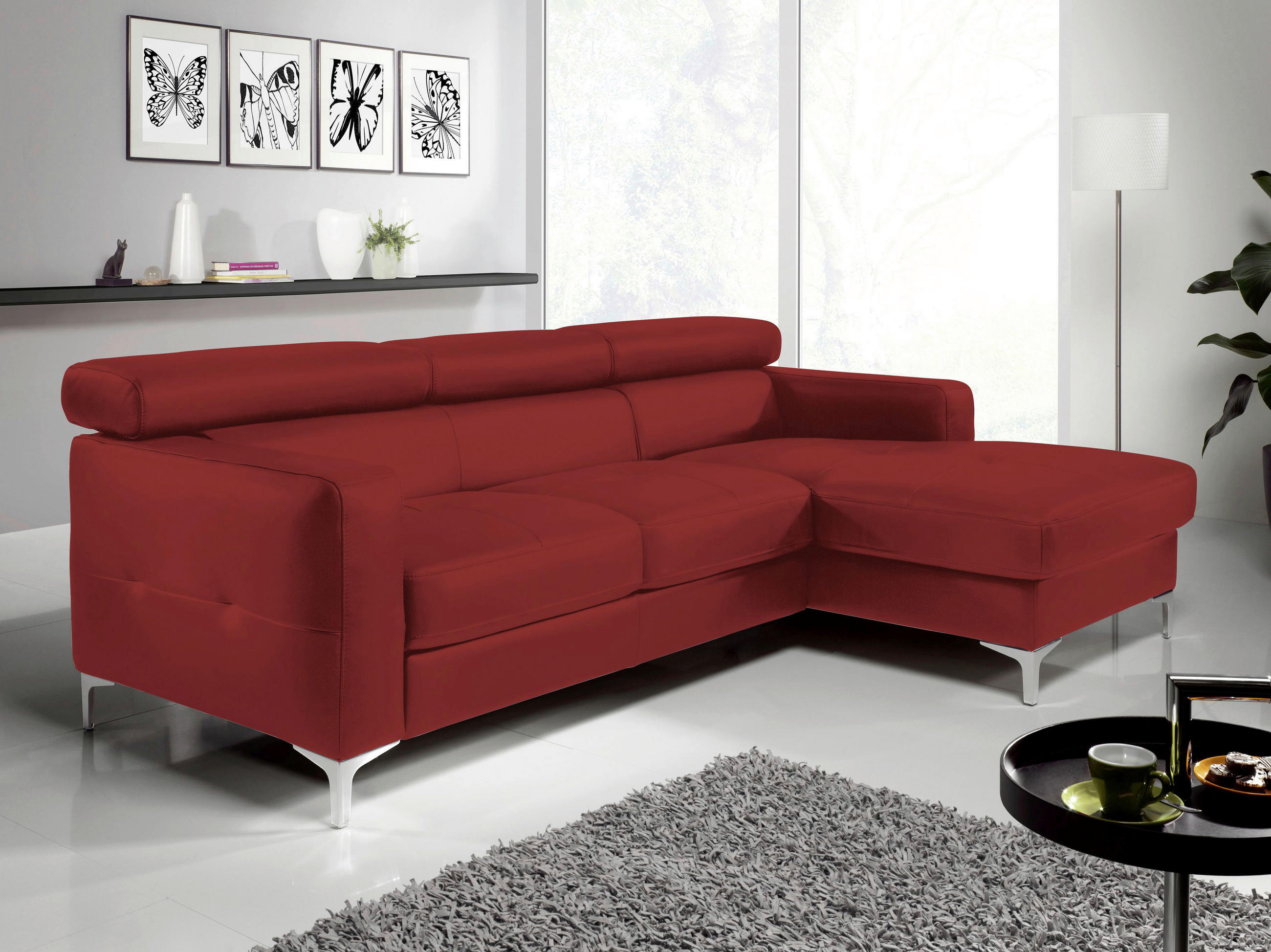 ECKSOFA in Echtleder Rot  - Chromfarben/Rot, Design, Leder/Metall (226/169cm) - Livetastic