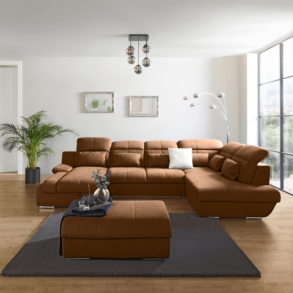 WOHNLANDSCHAFT Cognac Mikrofaser  - Chromfarben/Dunkelgrau, MODERN, Textil/Metall (184/345/228cm) - MID.YOU
