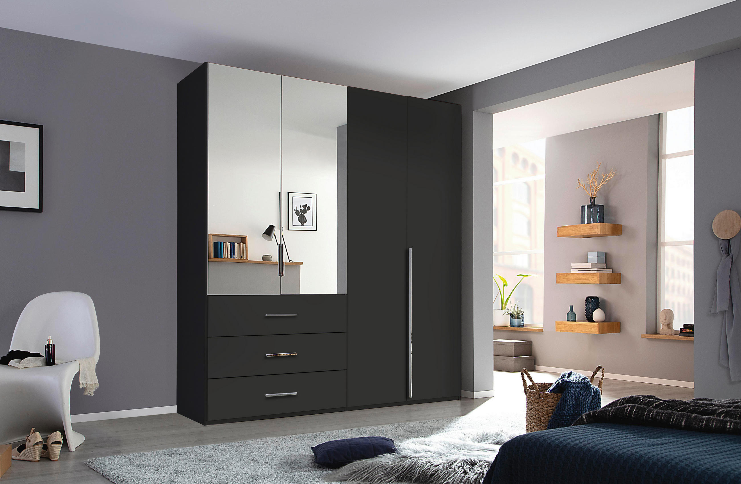 DREHTÜRENSCHRANK 201/223/60 cm,  in Schwarz, 4-türig  - Chromfarben/Schwarz, Design, Glas/Holzwerkstoff (201/223/60cm) - home24