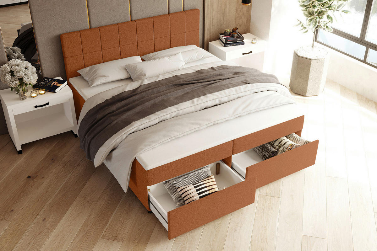 BOXBETT 160/200 cm,  in Rostfarben, Topper, Matratzen, Bettschubladen, H3 = fest  - Rostfarben/Schwarz, KONVENTIONELL, Kunststoff/Textil (160/200cm) - Boxxx