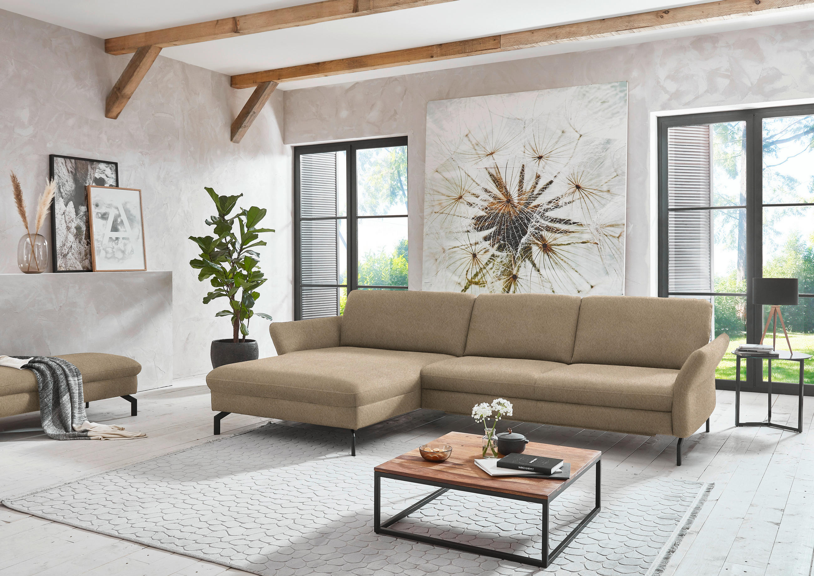 ECKSOFA in Velours Hellbraun  - Hellbraun/Schwarz, Design, Textil/Metall (179/306cm) - Beldomo System