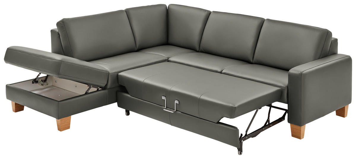 ECKSOFA in Echtleder Grau  235/257 cm  - Eiche Bianco/Grau, Natur, Leder/Holz (235/257cm) - Valdera