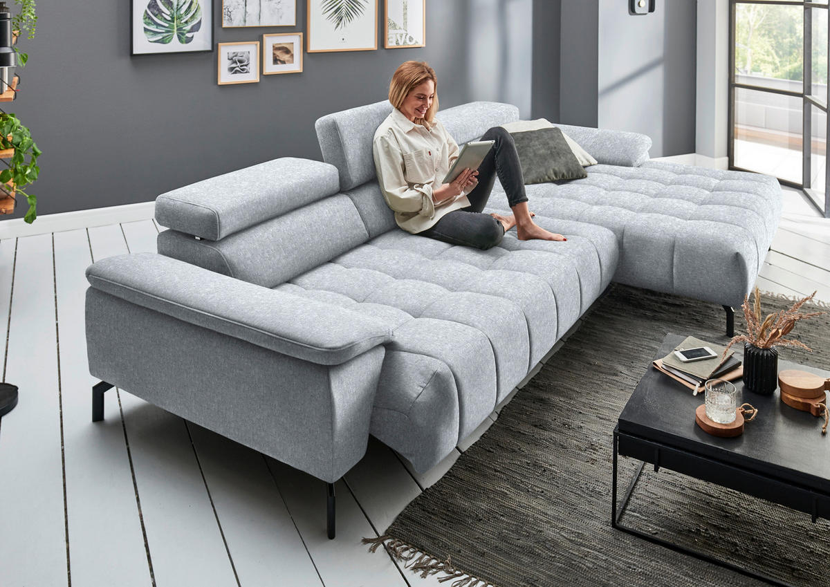 ECKSOFA in Chenille Hellgrau  329/190 cm  - Hellgrau/Schwarz, Design, Textil/Metall (329/190cm) - Beldomo Style