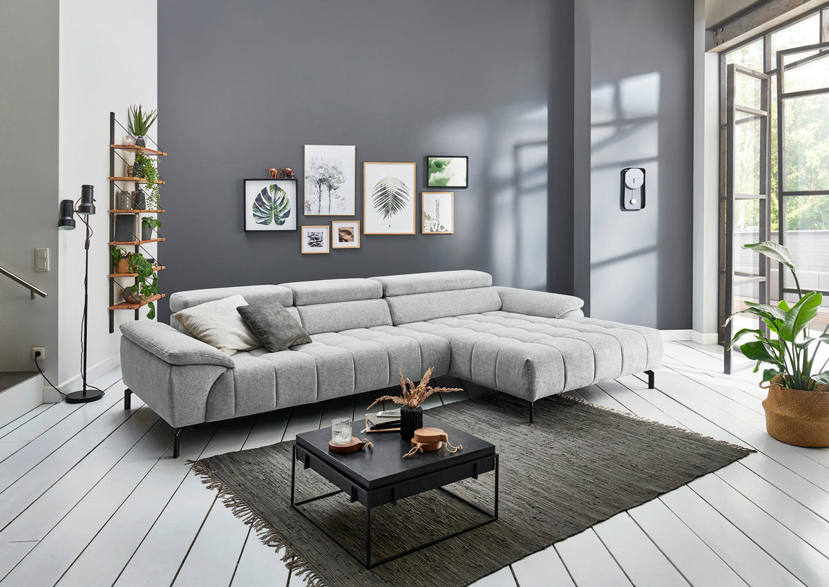 ECKSOFA in Chenille Grauweiss  - Schwarz/Grauweiss, Design, Textil/Metall (329/190cm) - Beldomo Style