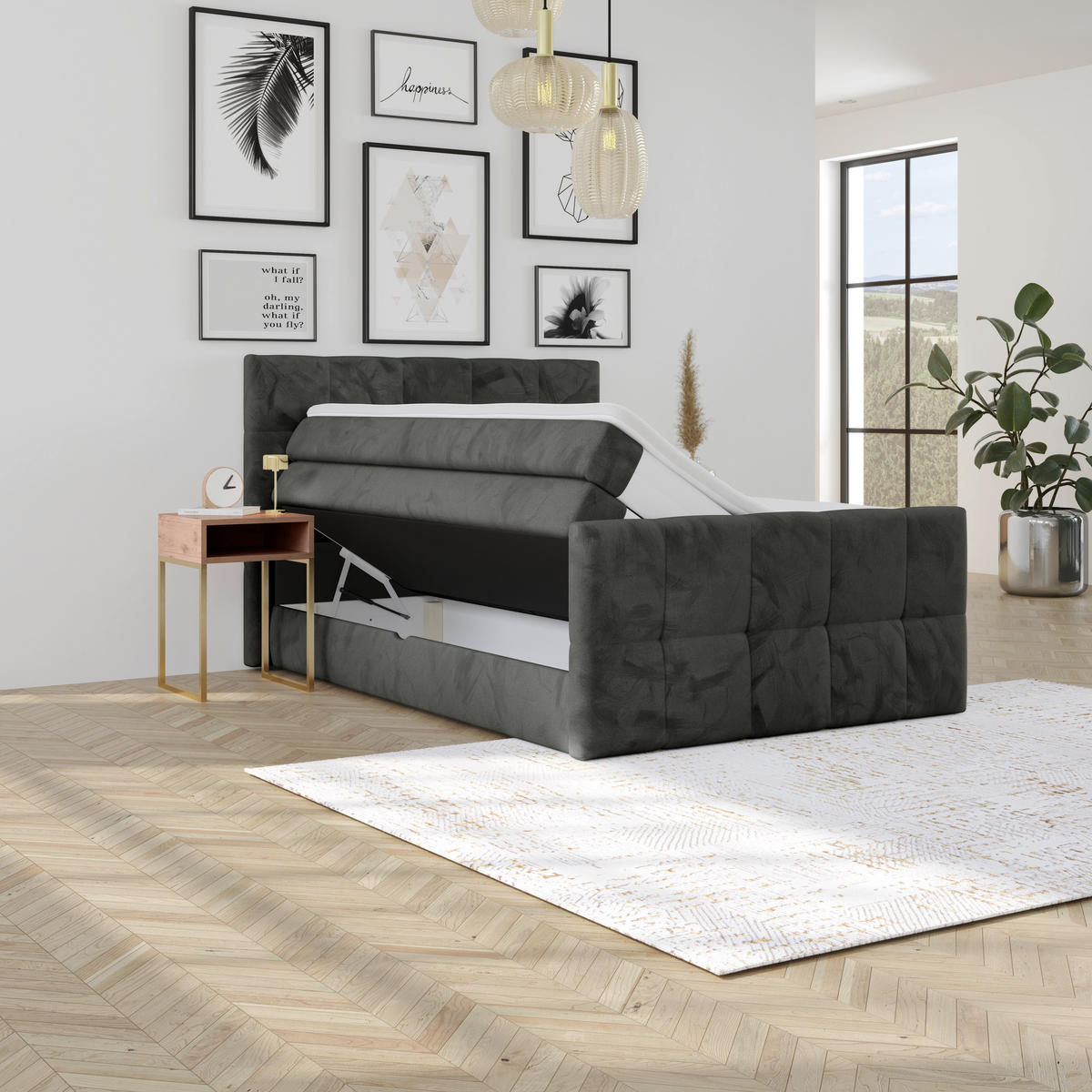 BOXSPRINGBETT 140/200 cm,  in Anthrazit, gepolstertes Kopfteil, Bettkasten, Topper, Matratzen, H4 + H4 = sehr fest  - Anthrazit, KONVENTIONELL, Holz/Holzwerkstoff (140/200cm) - Luca Bessoni