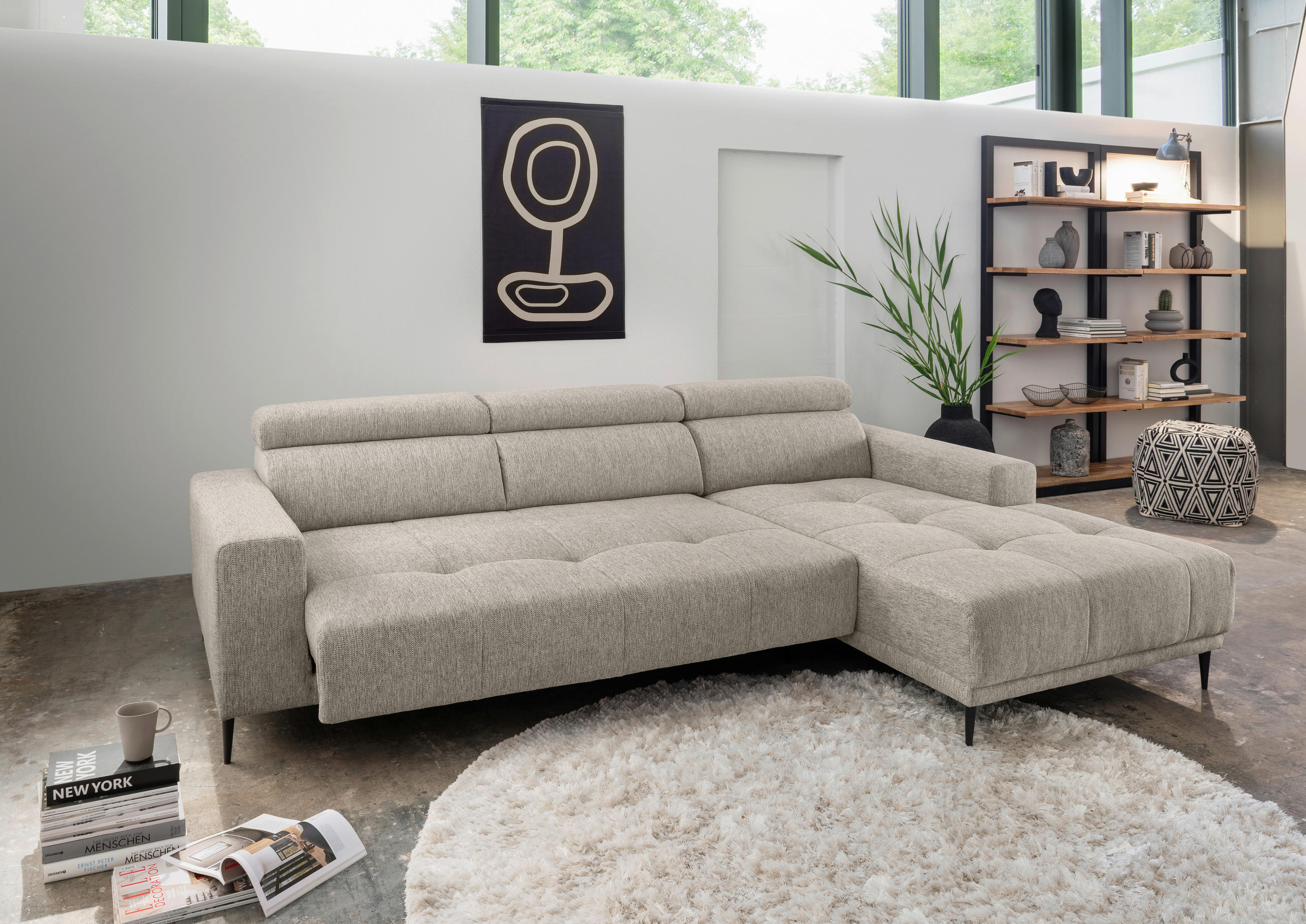 ECKSOFA Beige Chenille  - Beige/Schwarz, KONVENTIONELL, Textil/Metall (276/188cm) - Livetastic