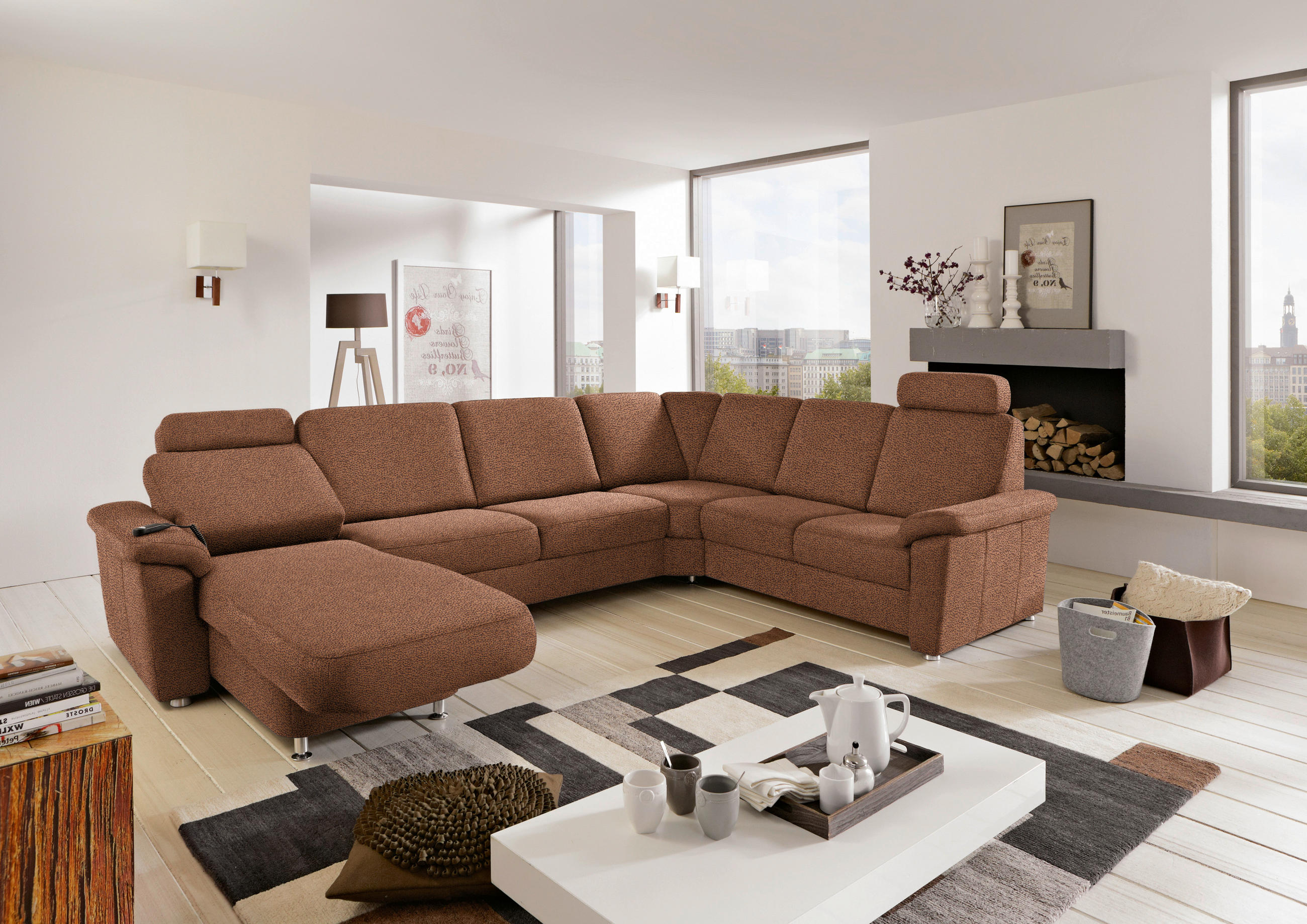 WOHNLANDSCHAFT Braun Flachgewebe  - Chromfarben/Braun, KONVENTIONELL, Textil/Metall (163/330/240cm) - Beldomo System