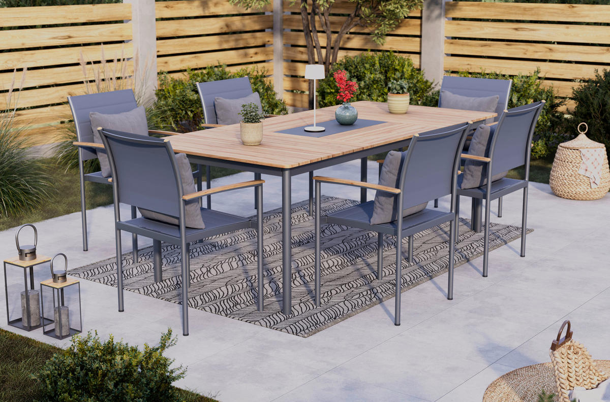 GARTENTISCHGRUPPE Teakholz Aluminium, Edelstahl  - Dunkelgrau, MODERN, Holz/Metall (210/57/75/92/100/57cm) - Ambia Garden